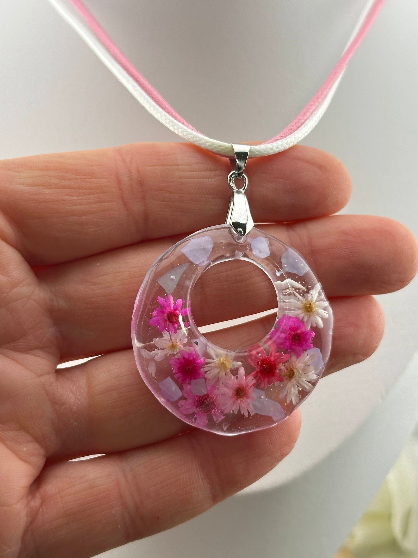 Pink Flower Round Resin Necklace