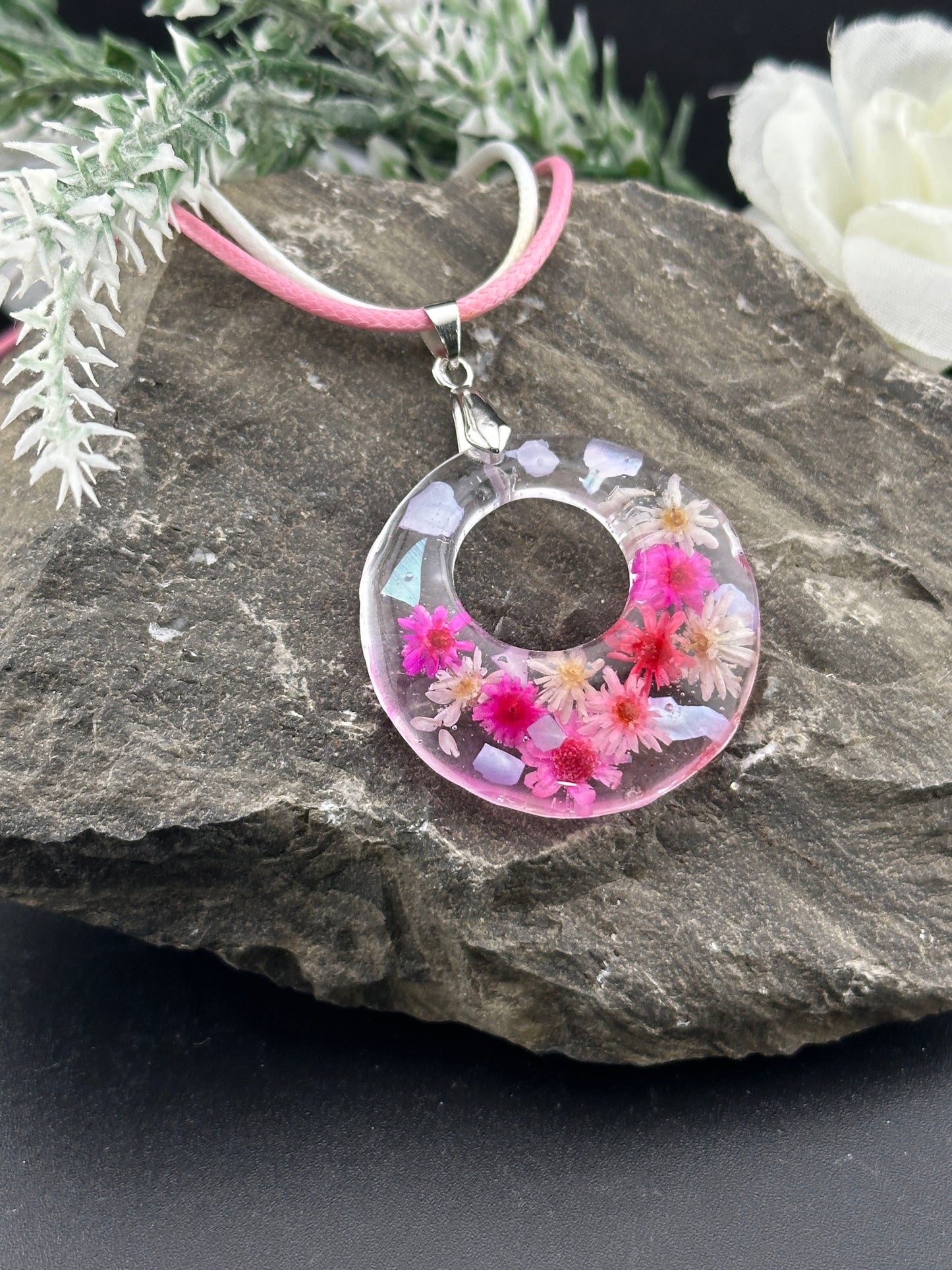 Pink Flower Round Resin Necklace