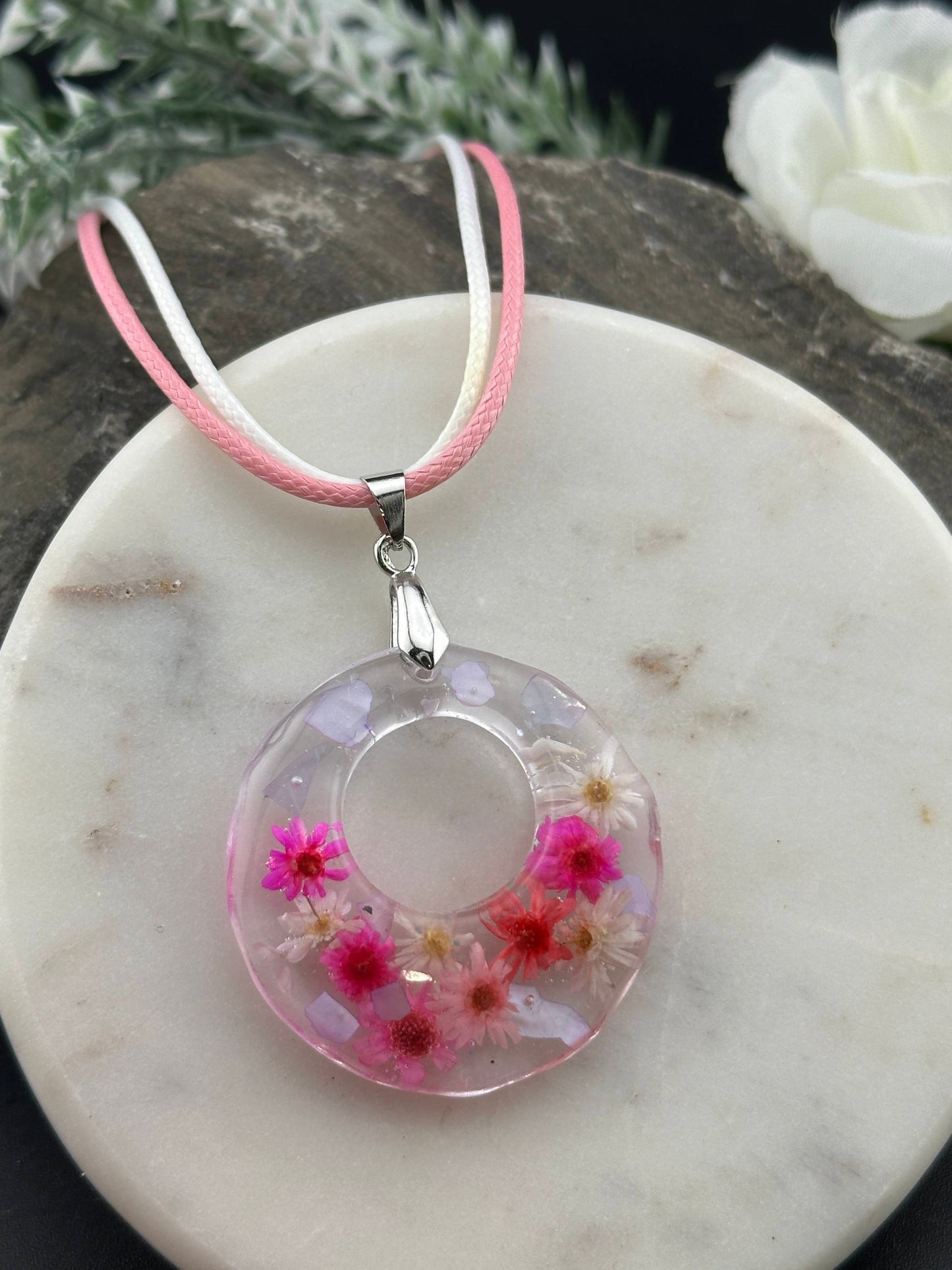 Pink Flower Round Resin Necklace