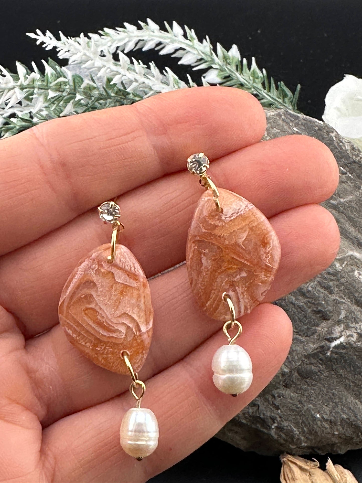 Fall, Earth tone Dangle Earrings with Freshwater Pearl