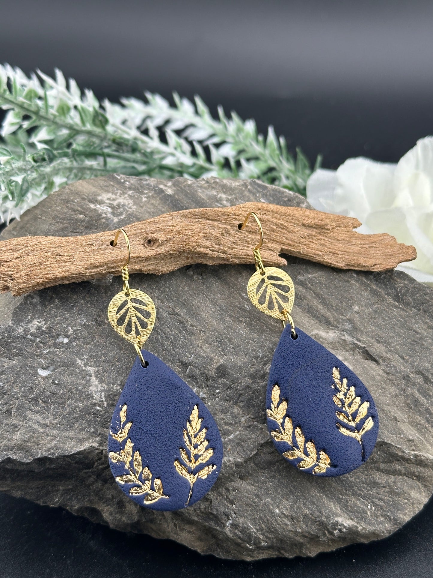 Navy & Gold Leaf Teardrop Polymer Clay Earrings