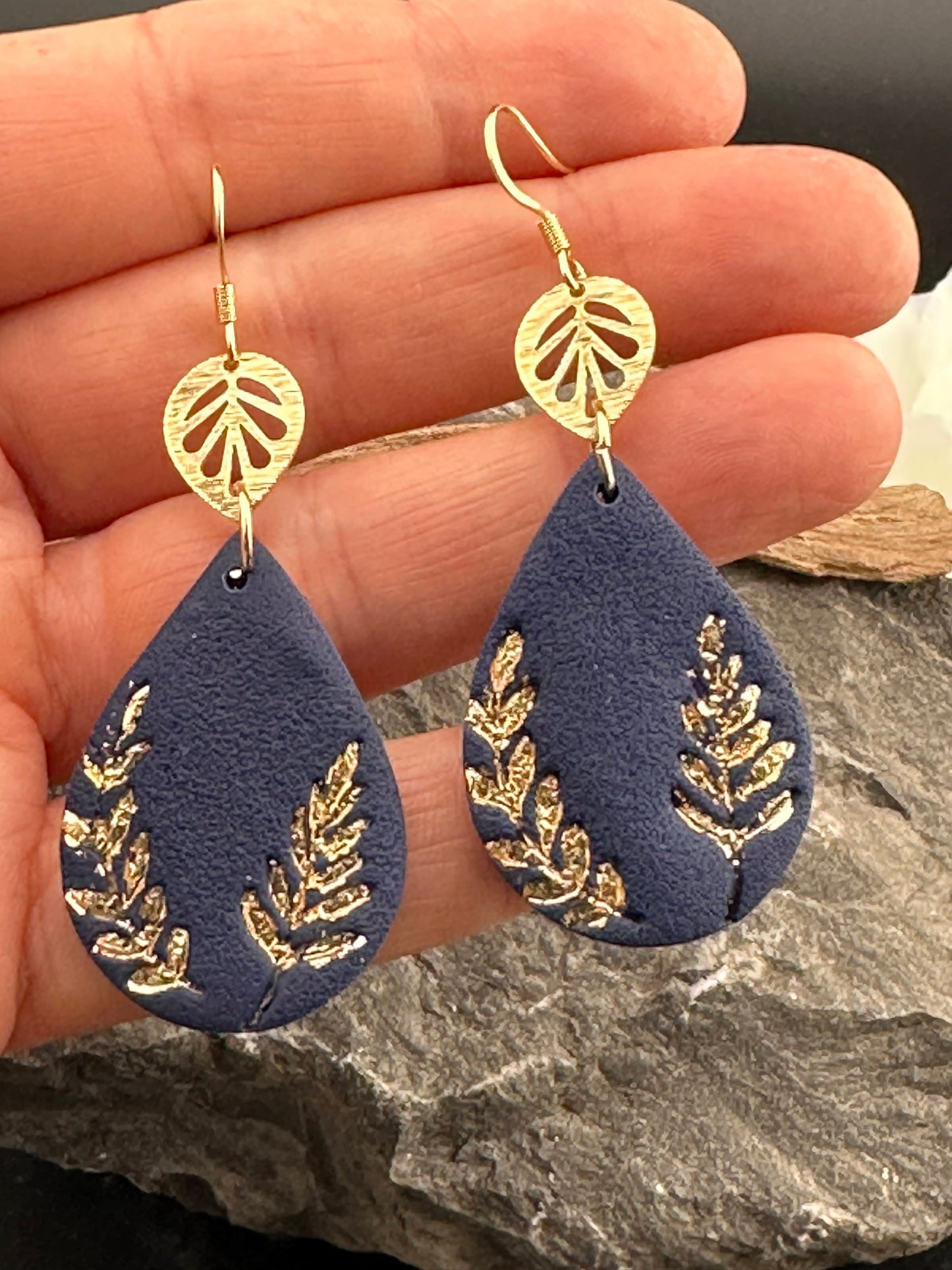 Navy & Gold Leaf Teardrop Polymer Clay Earrings