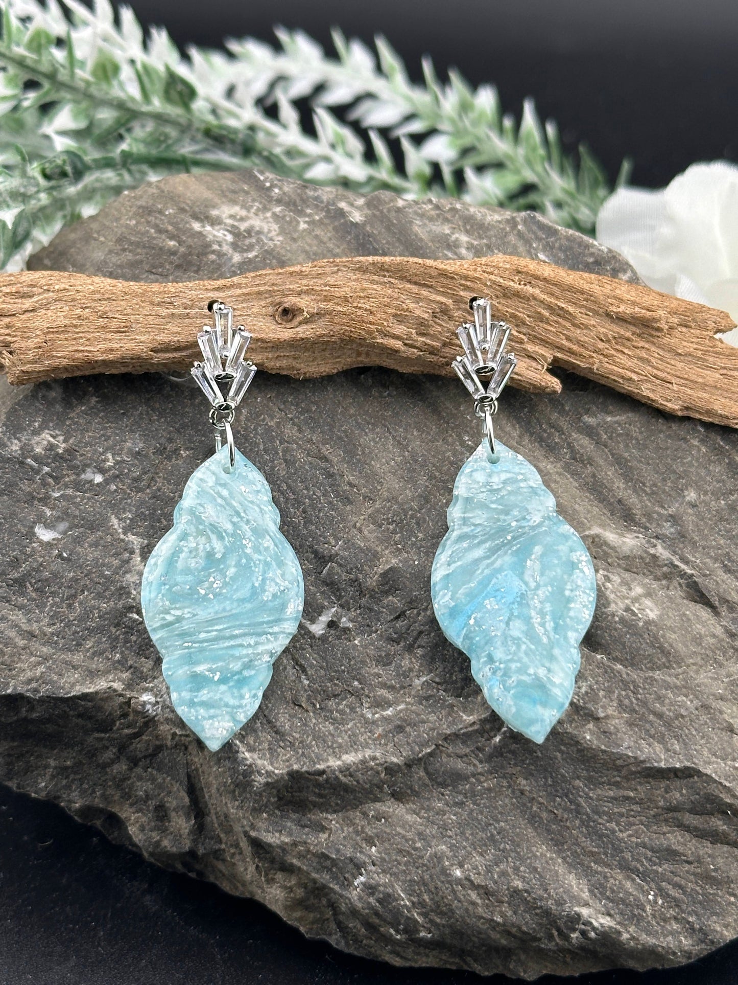 Sky Blue Marble & Glam Cubic Zirconia Dangle Earrings