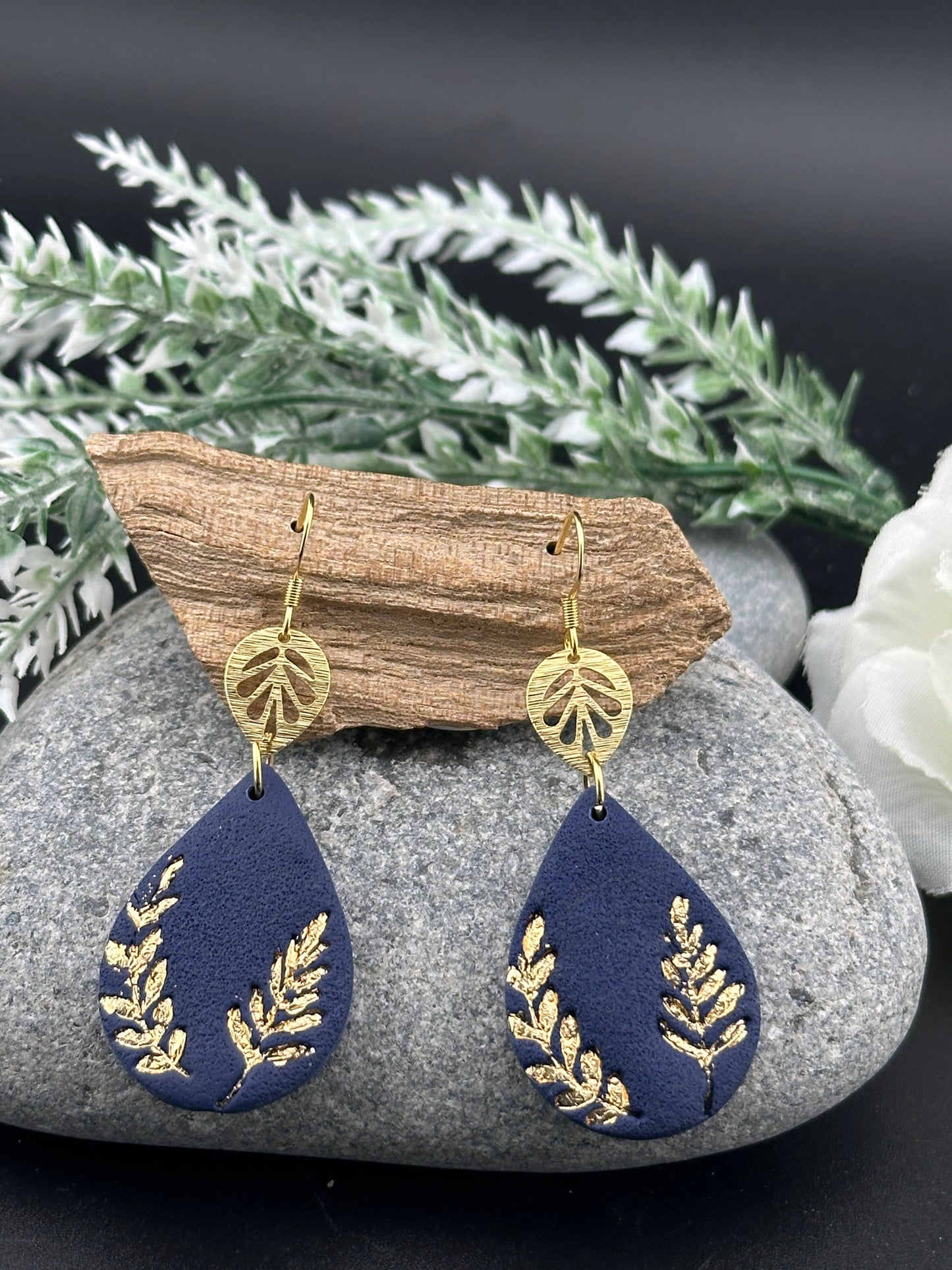 Navy & Gold Leaf Teardrop Polymer Clay Earrings