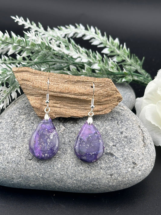 Purple, Silver Marble Dainty Dangle Earrings