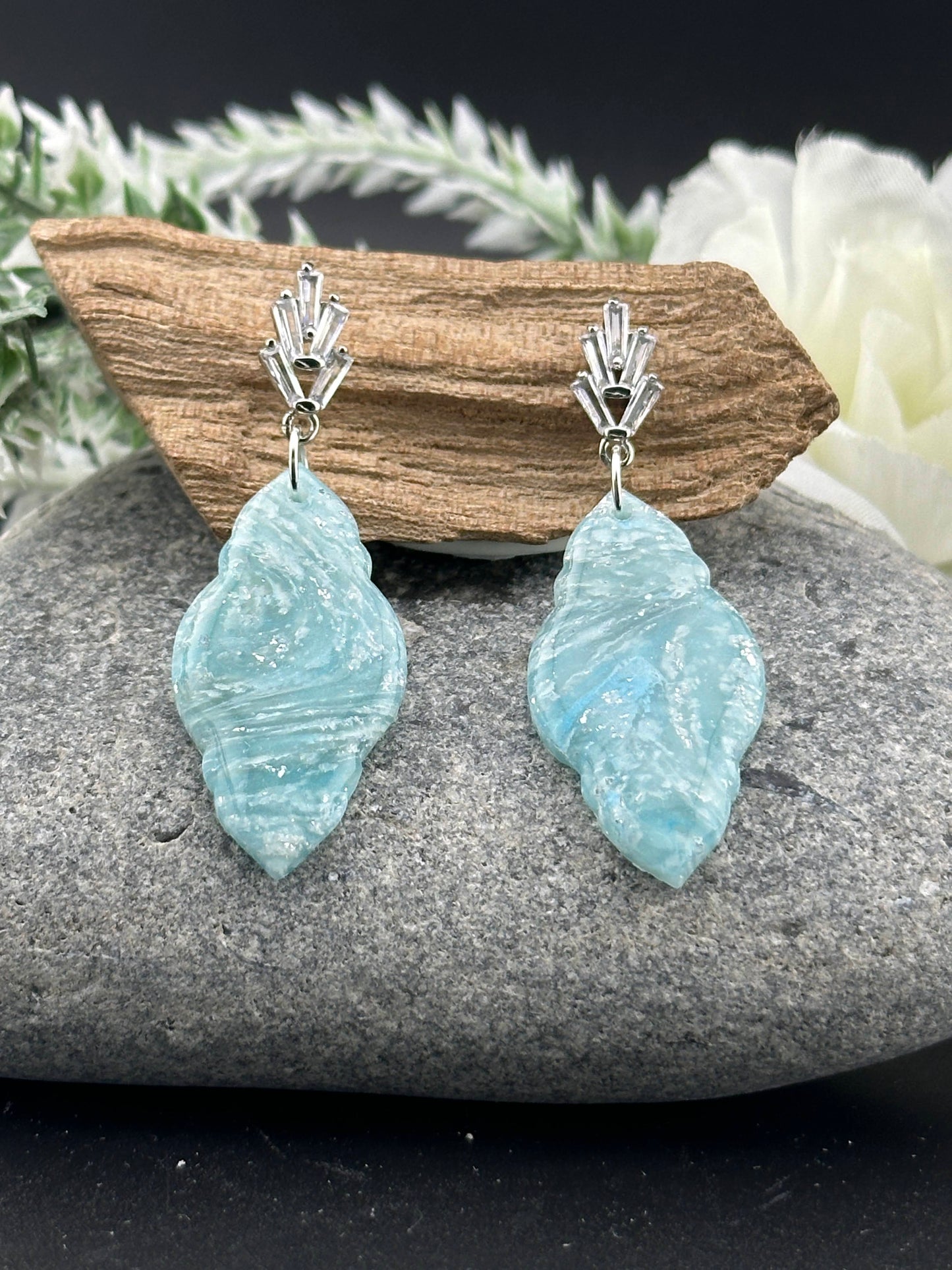 Sky Blue Marble & Glam Cubic Zirconia Dangle Earrings