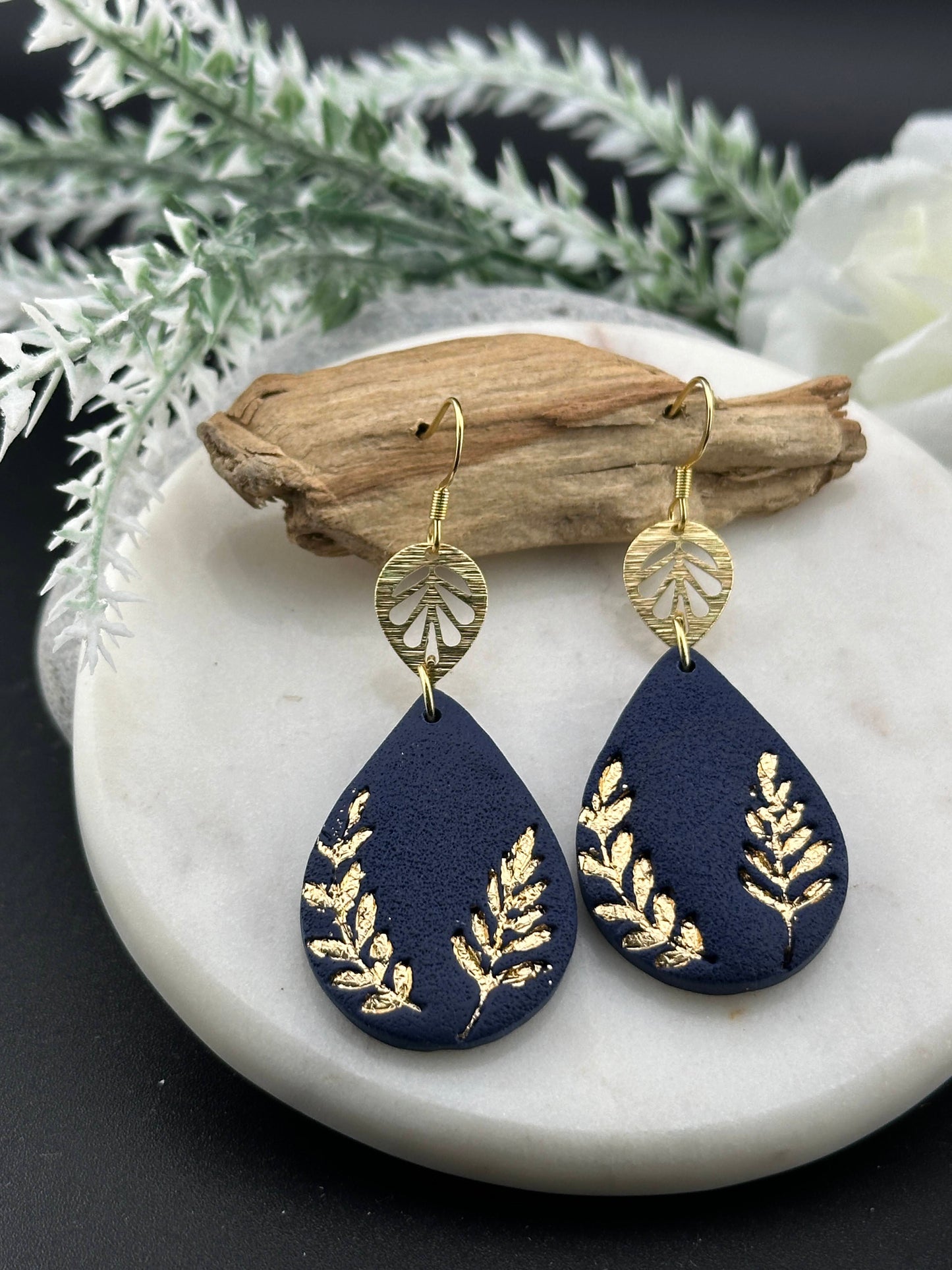 Navy & Gold Leaf Teardrop Polymer Clay Earrings