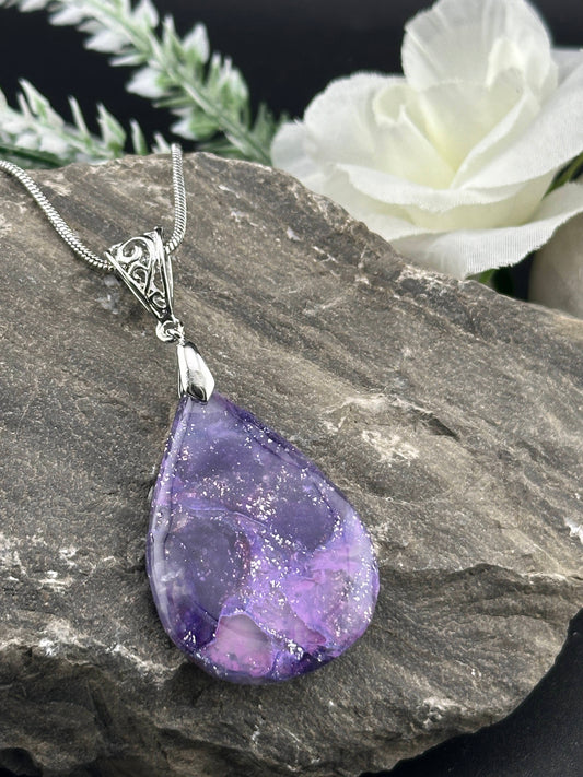 Purple, Silver Marble Filigree Teardrop Necklace