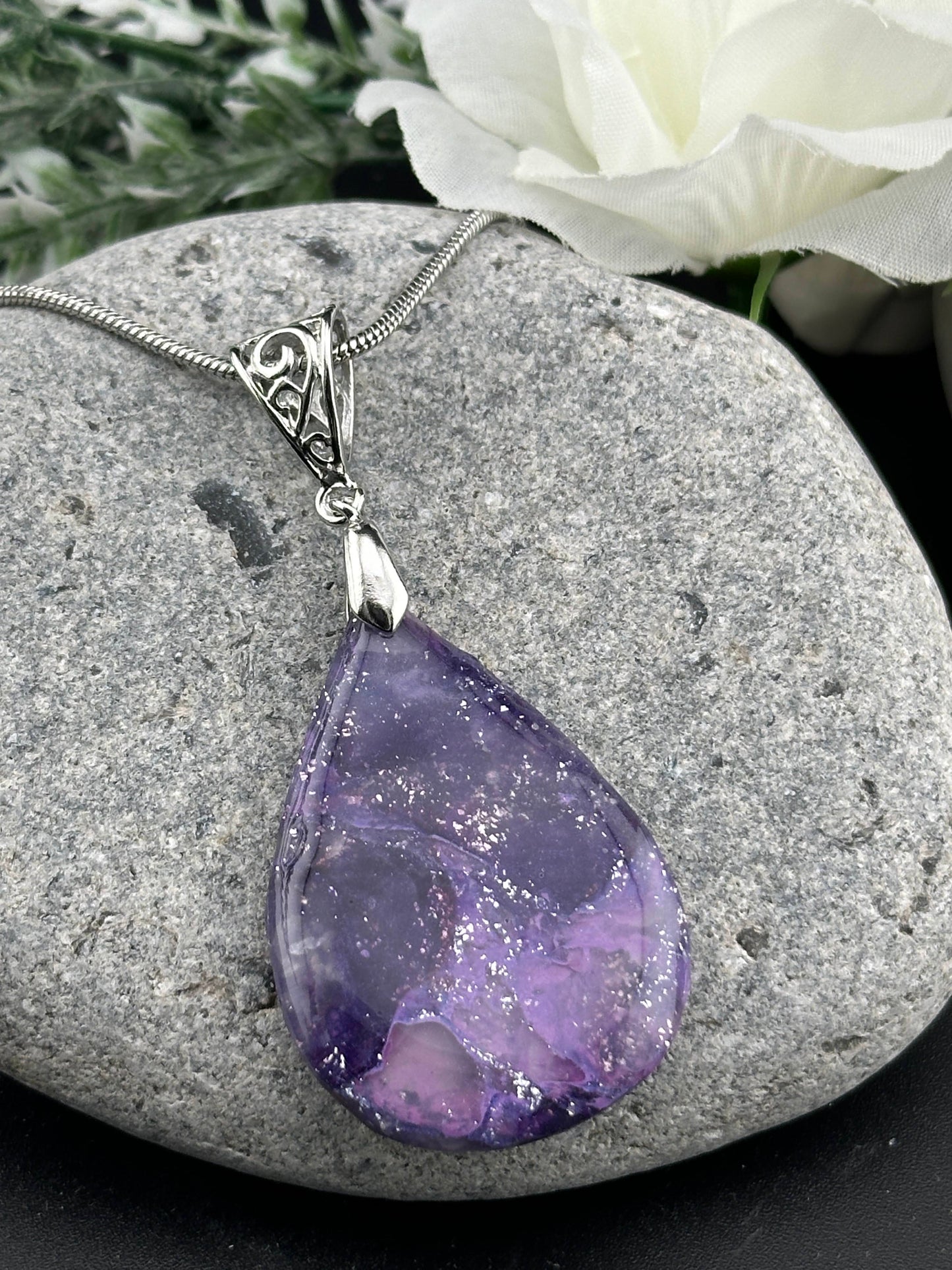 Purple, Silver Marble Filigree Teardrop Necklace