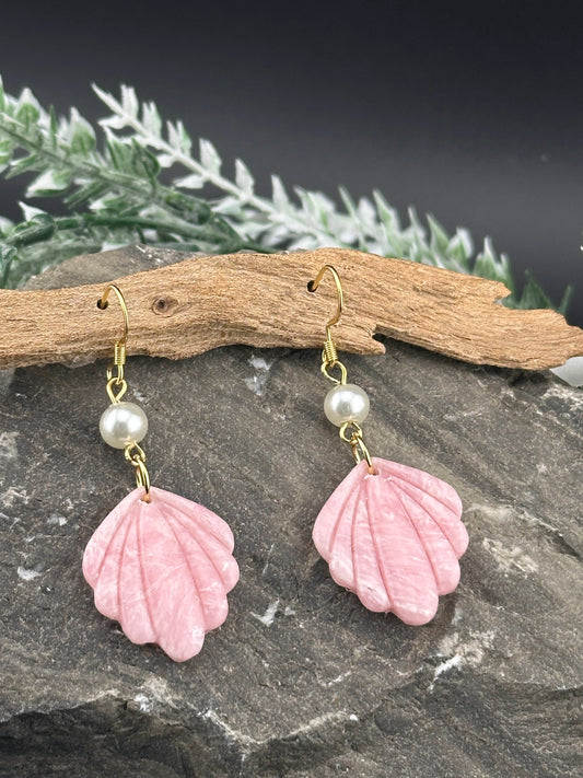 Light Rose Pink Marble & Pearl  Dainty Shell Earrings