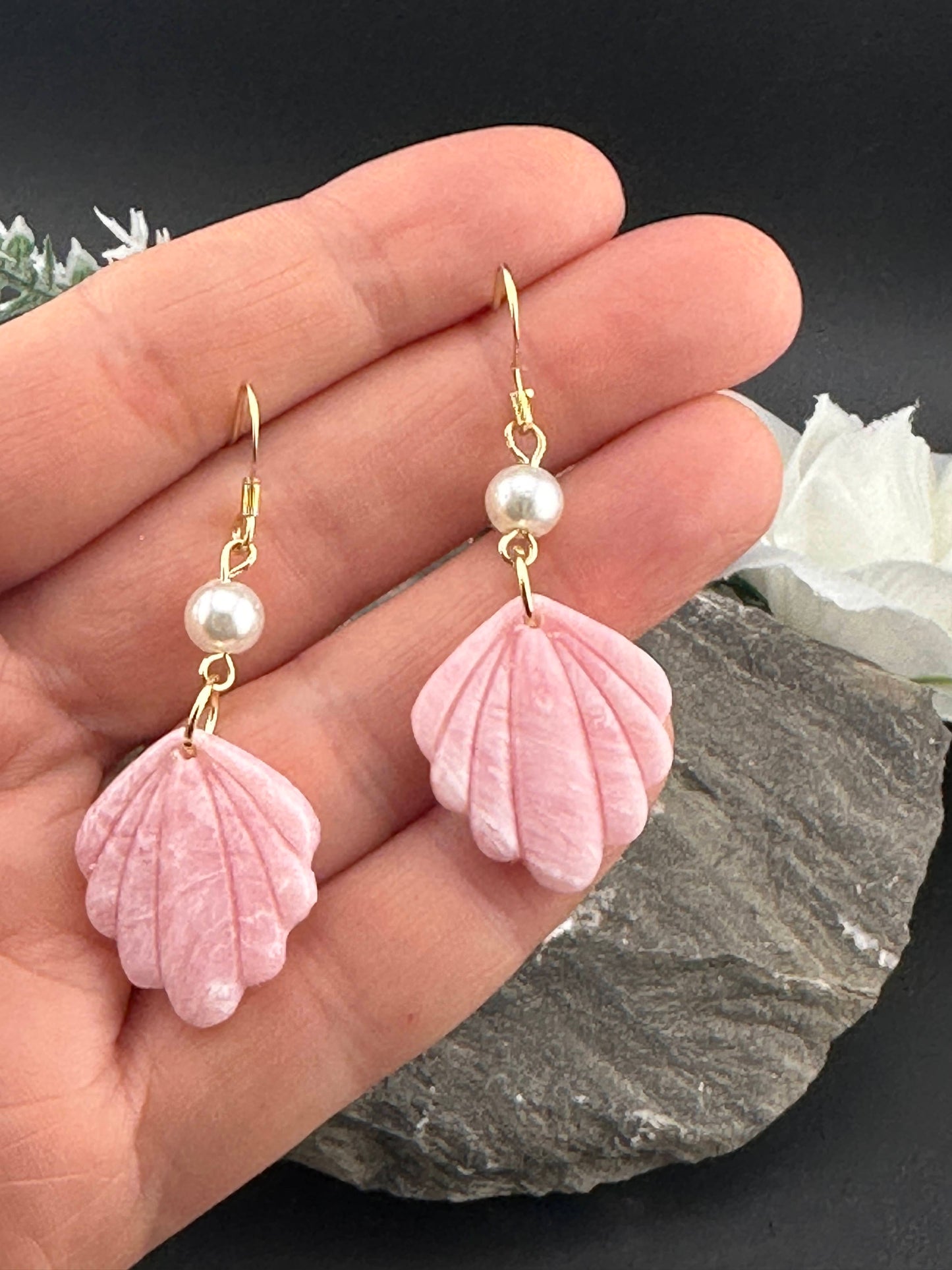 Light Rose Pink Marble & Pearl  Dainty Shell Earrings