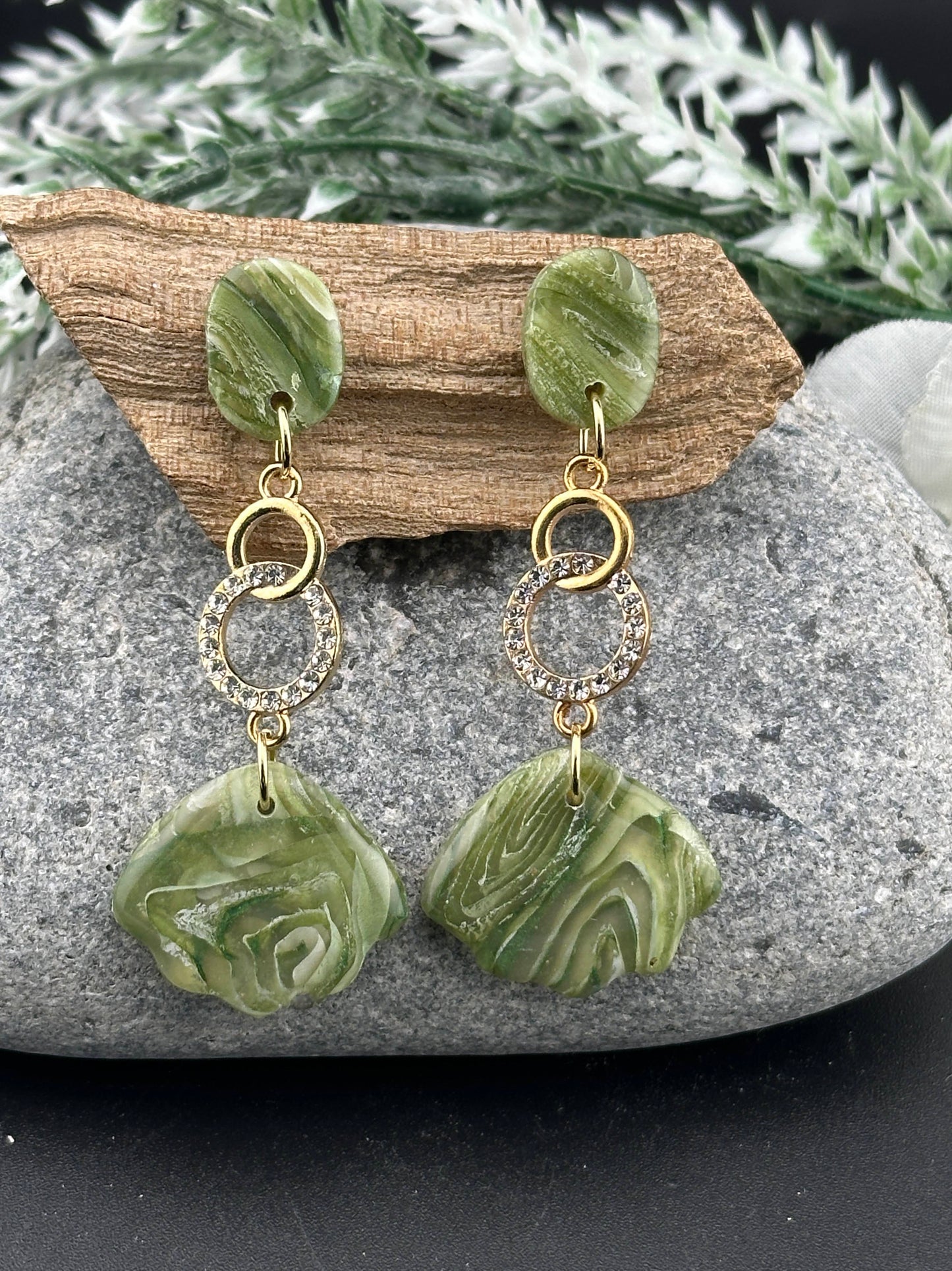 Sage Green Marble & Rhinestone Gold Dangle Earrings