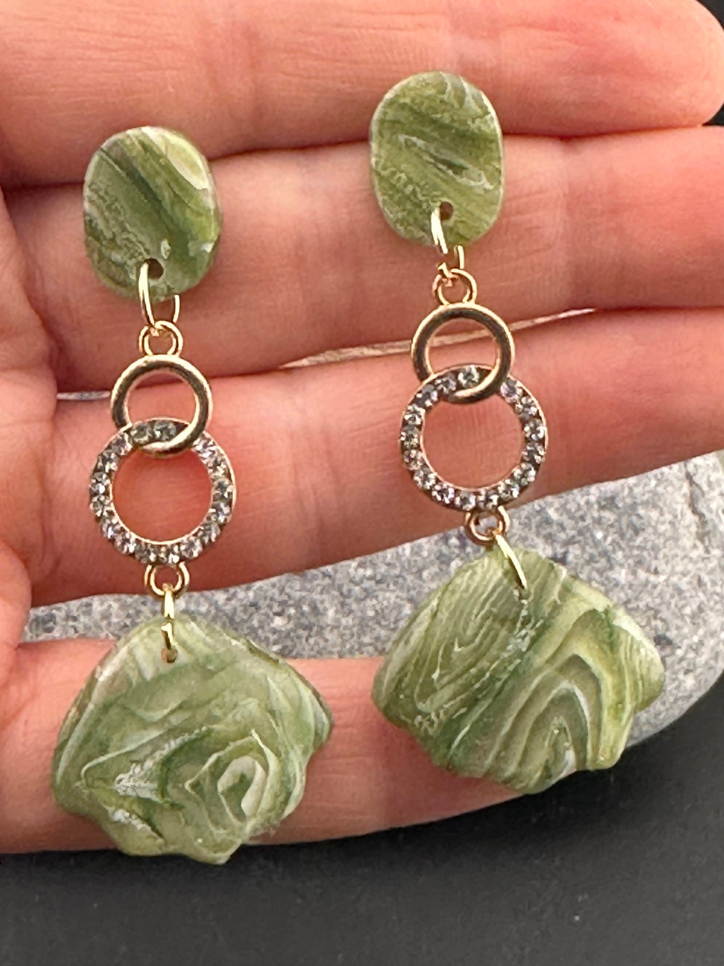 Sage Green Marble & Rhinestone Gold Dangle Earrings