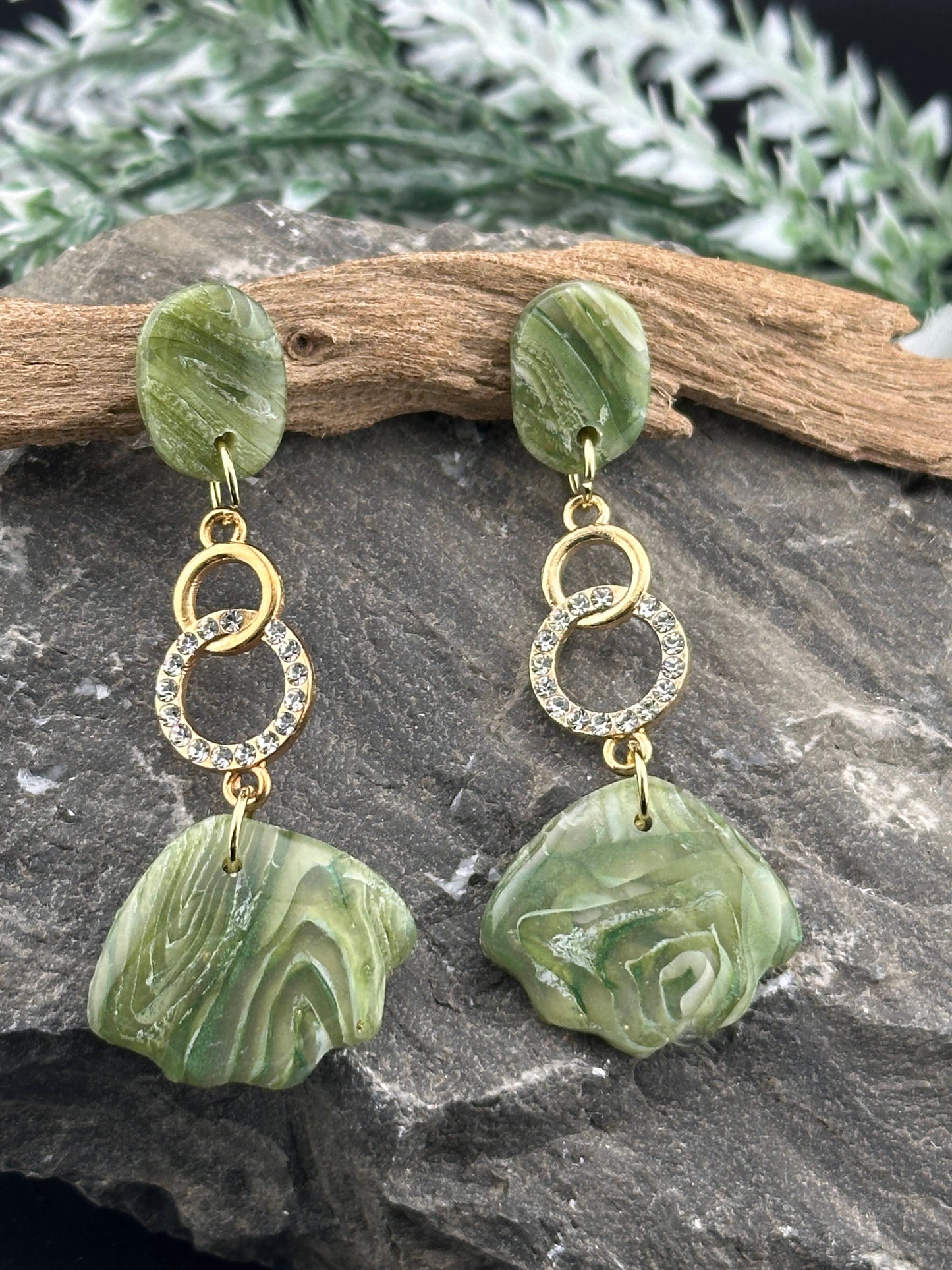 Sage Green Marble & Rhinestone Gold Dangle Earrings