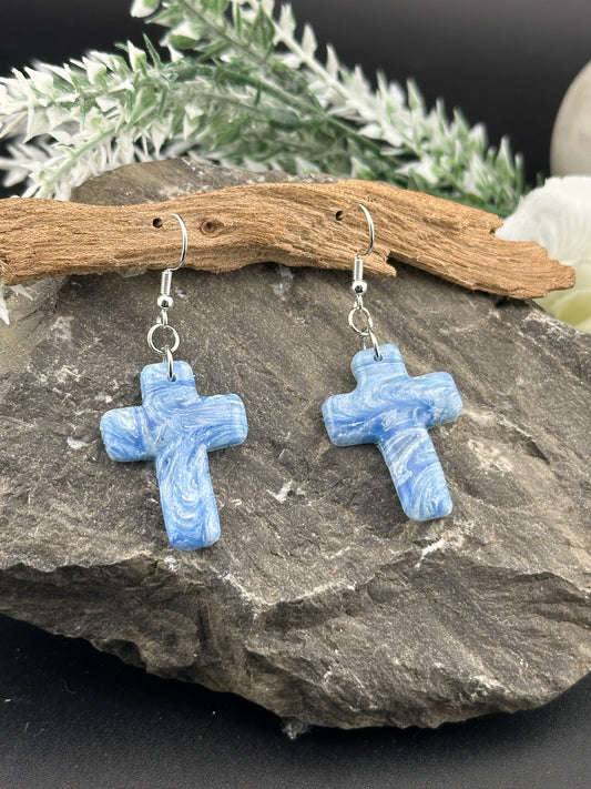 Blue & White Marble Cross Earrings