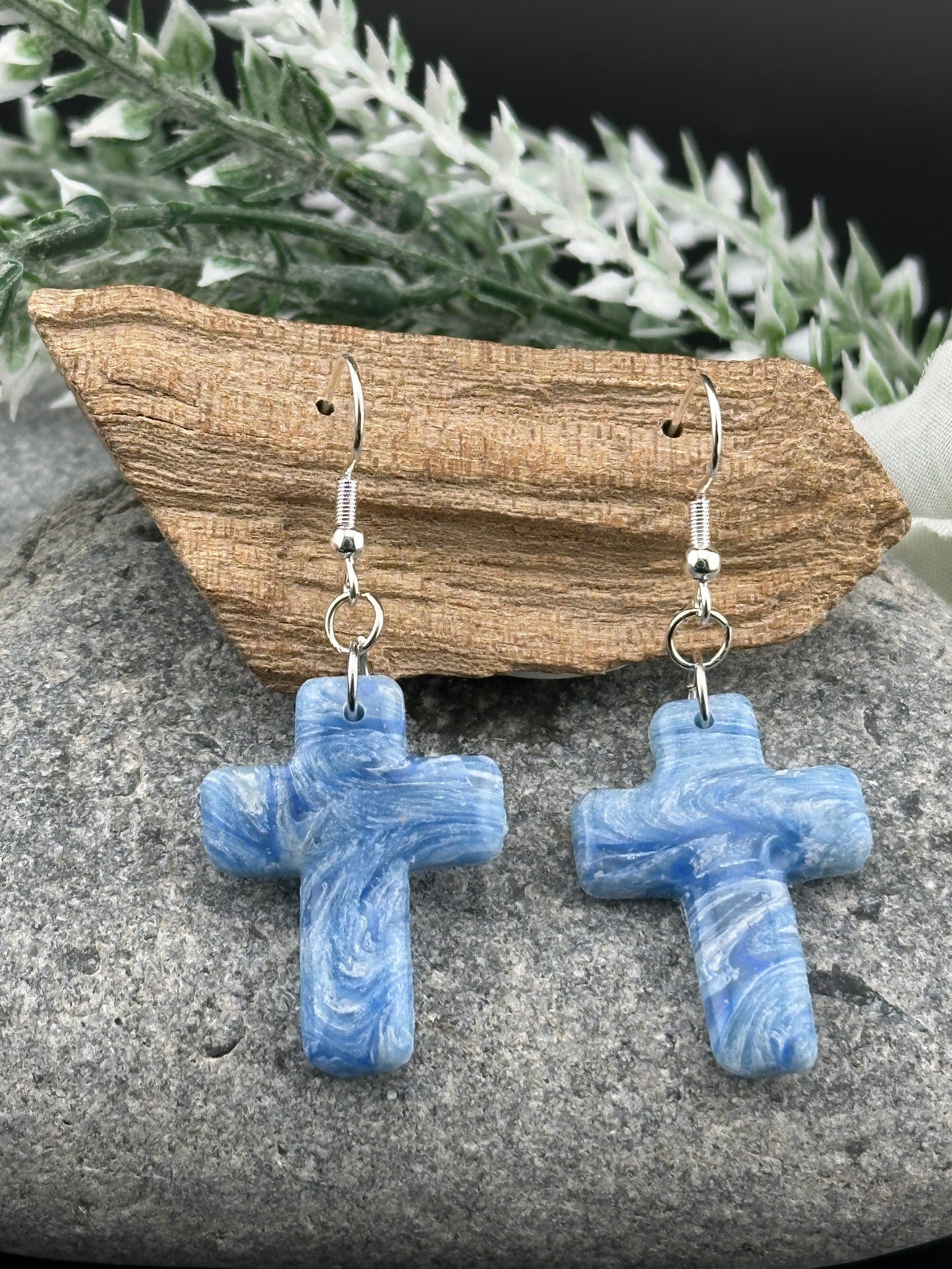 Blue & White Marble Cross Earrings