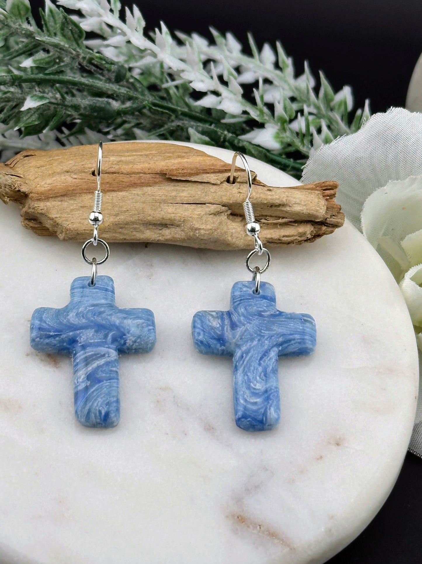 Blue & White Marble Cross Earrings