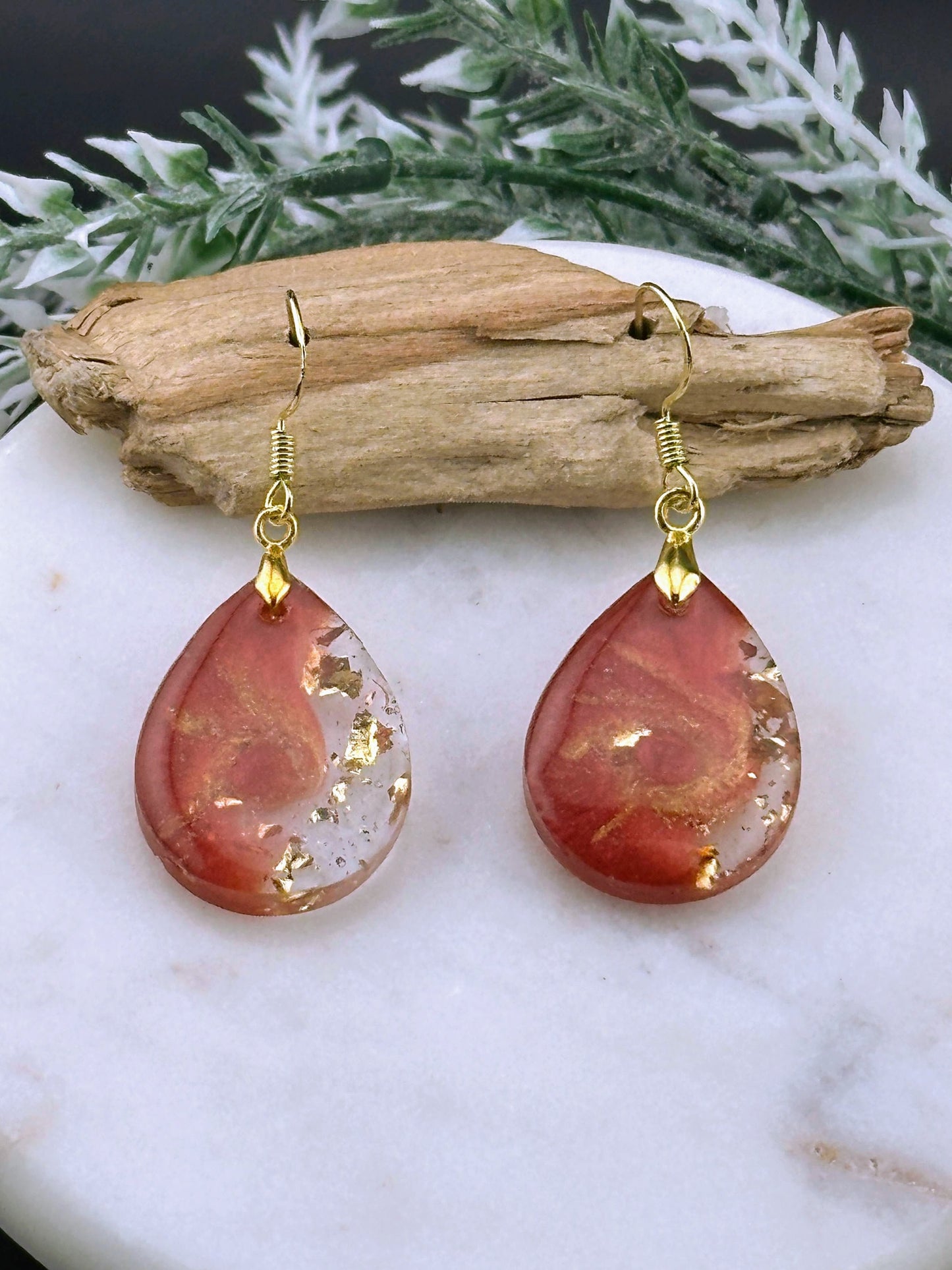 Stunning Wine Red & Gold Sparkle Resin Earrings