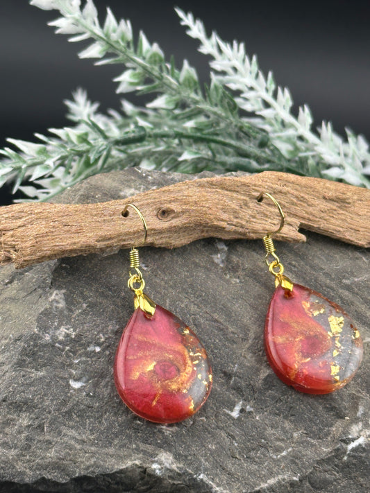 Stunning Wine Red & Gold Sparkle Resin Earrings