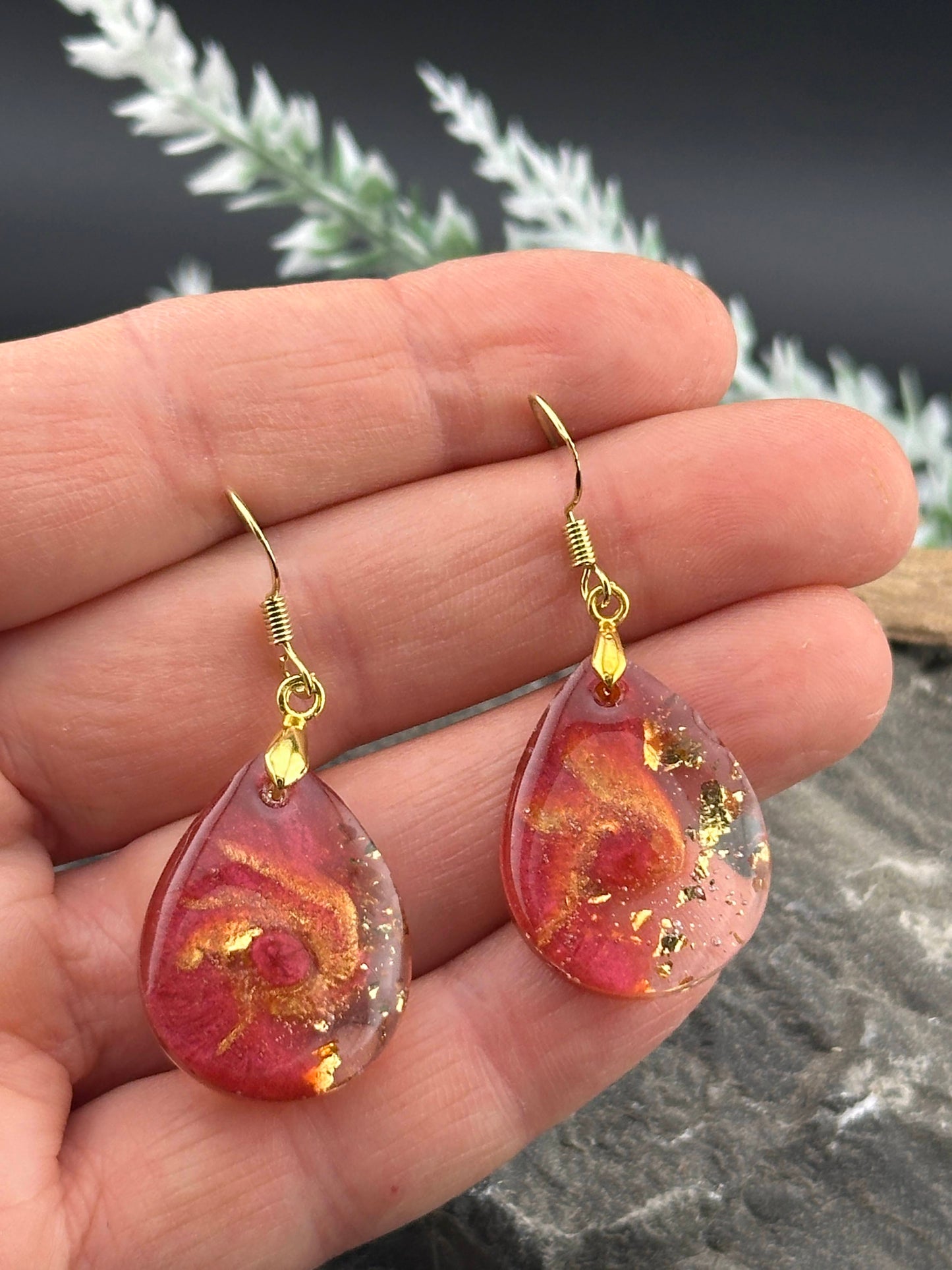 Stunning Wine Red & Gold Sparkle Resin Earrings