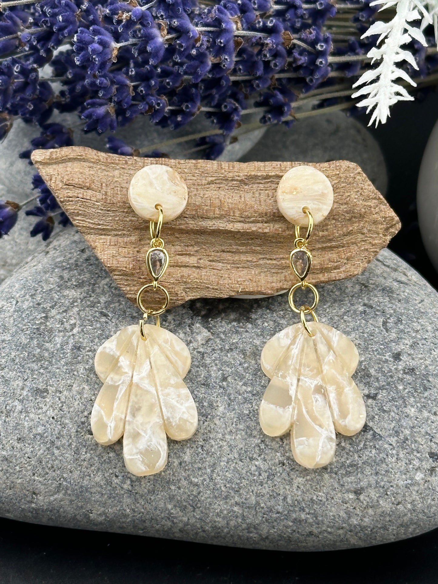 Wedding Cubic Zirconia & Gold Polymer Clay Earrings