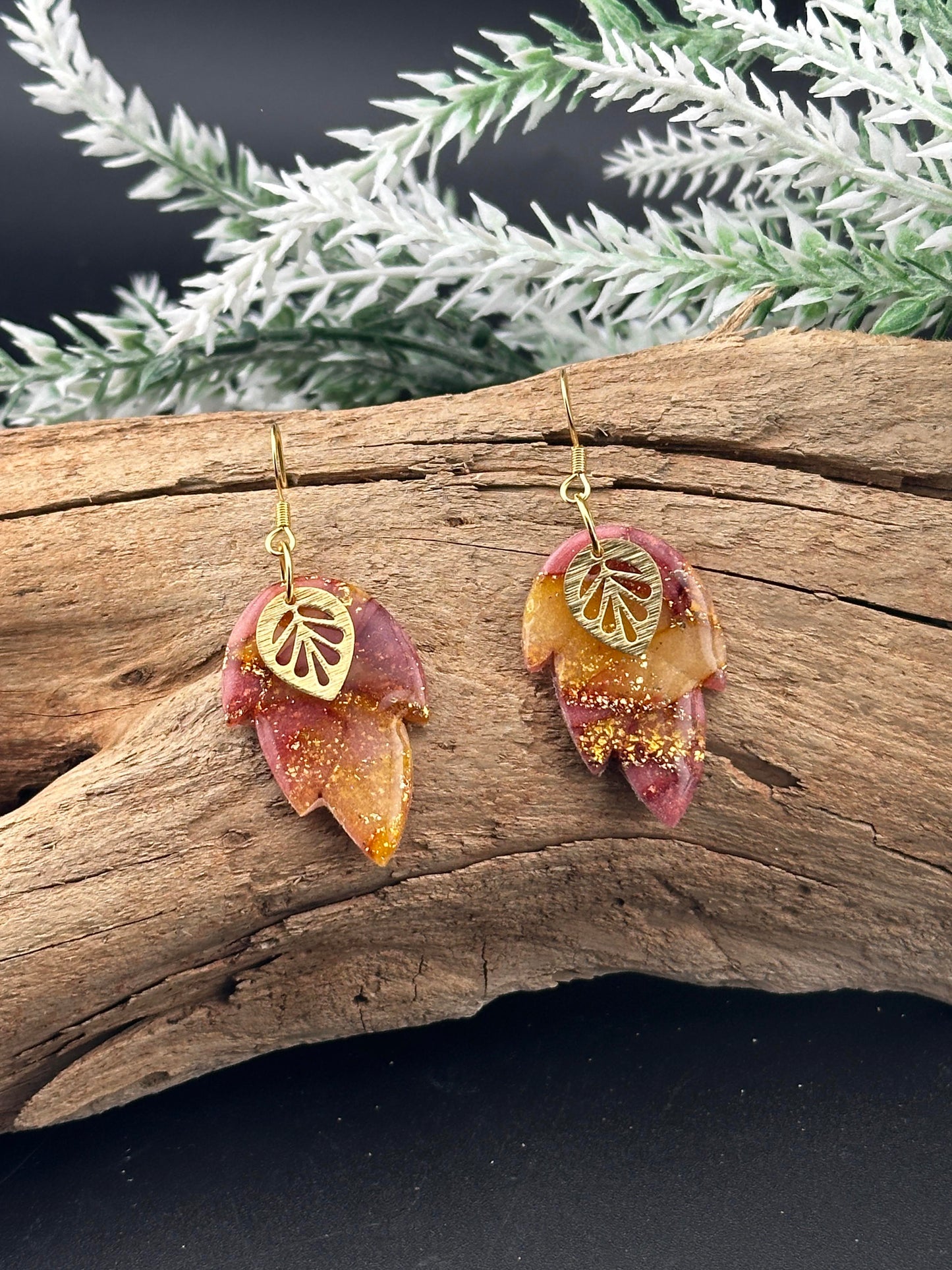 Fall Colors and Gold, Leaf Shaped Earrings