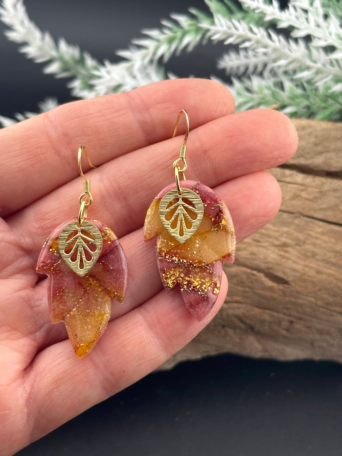 Fall Colors and Gold, Leaf Shaped Earrings