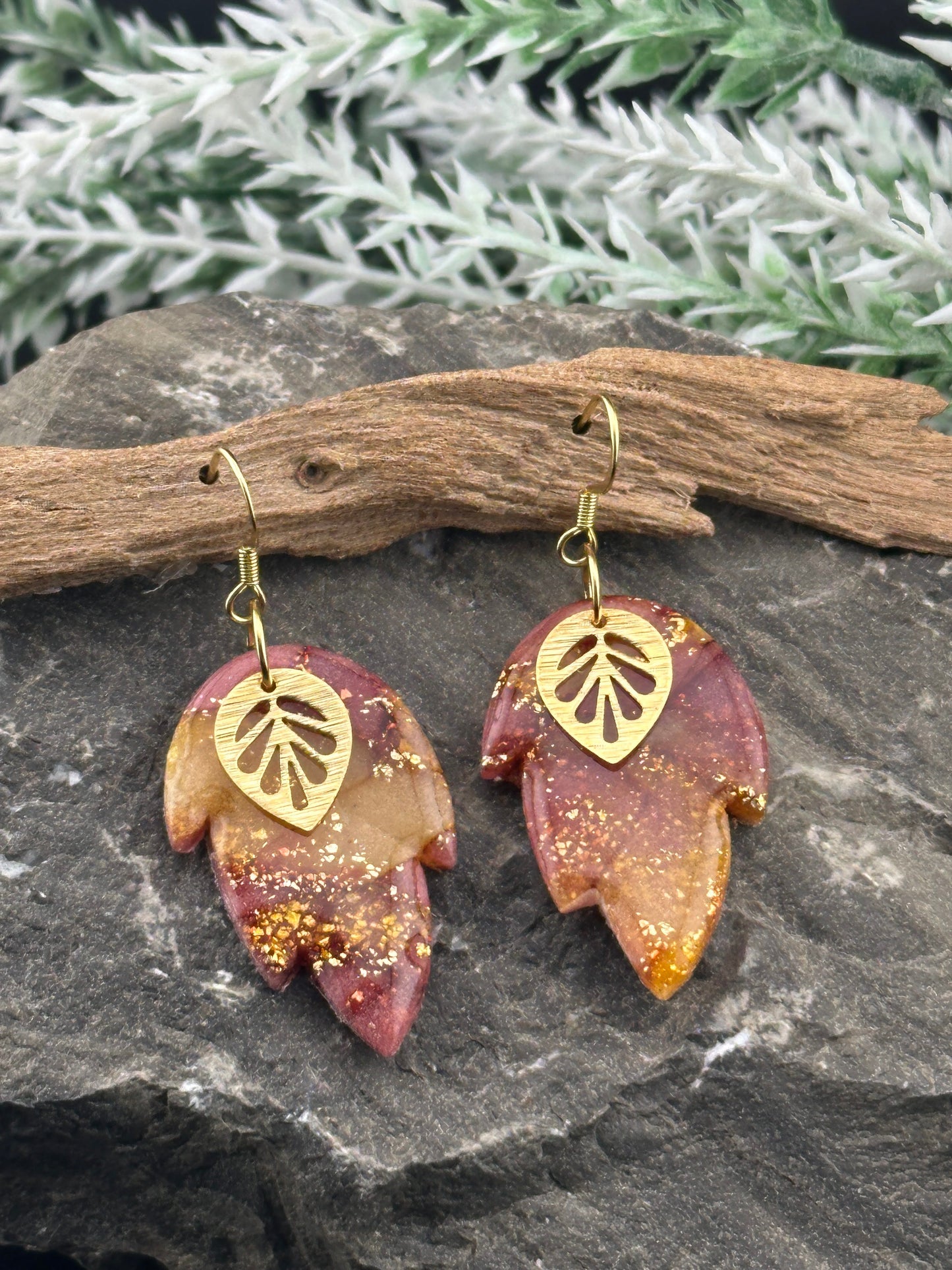 Fall Colors and Gold, Leaf Shaped Earrings