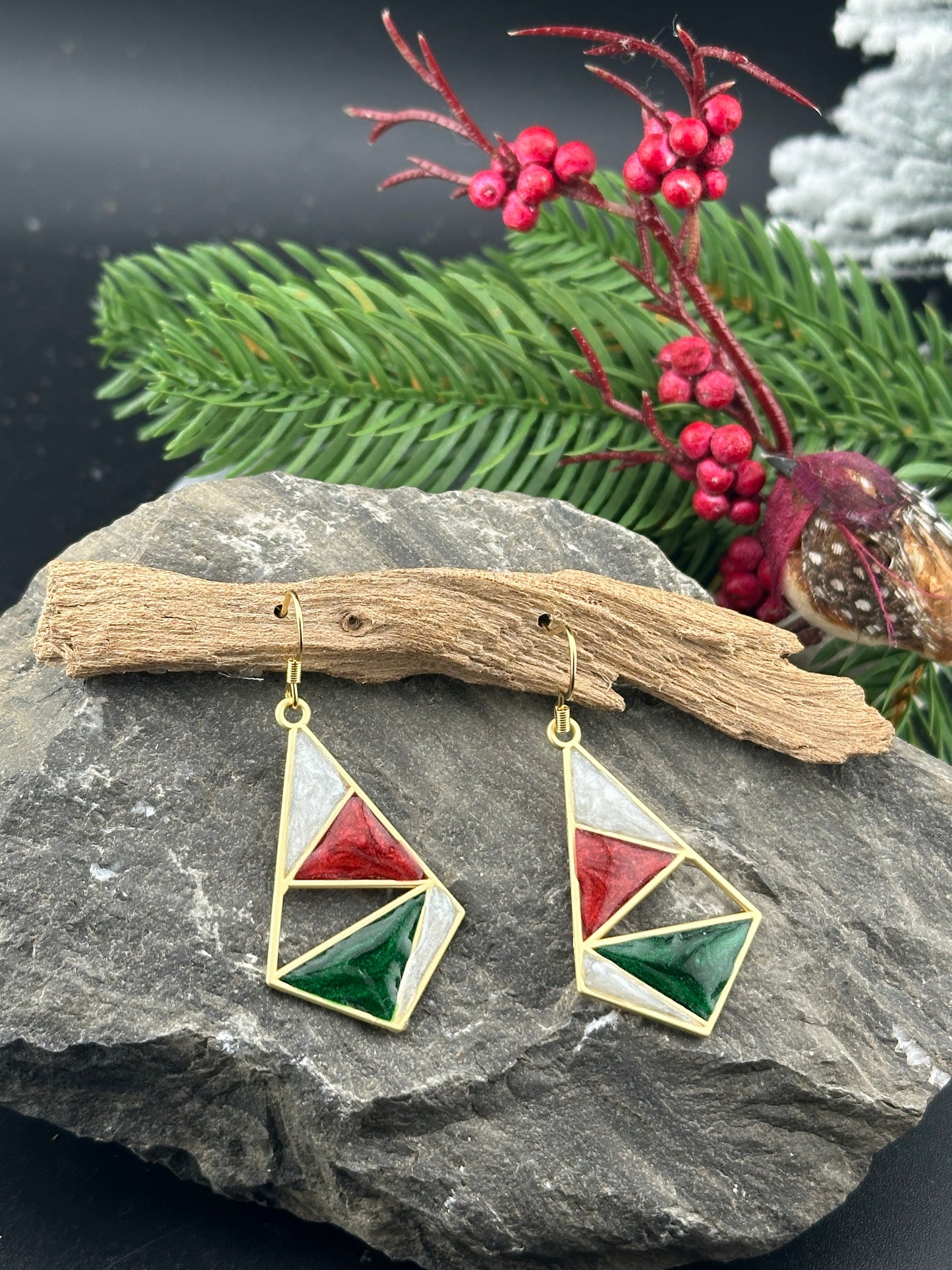 Green, Red & White Geometric Dangle Earrings