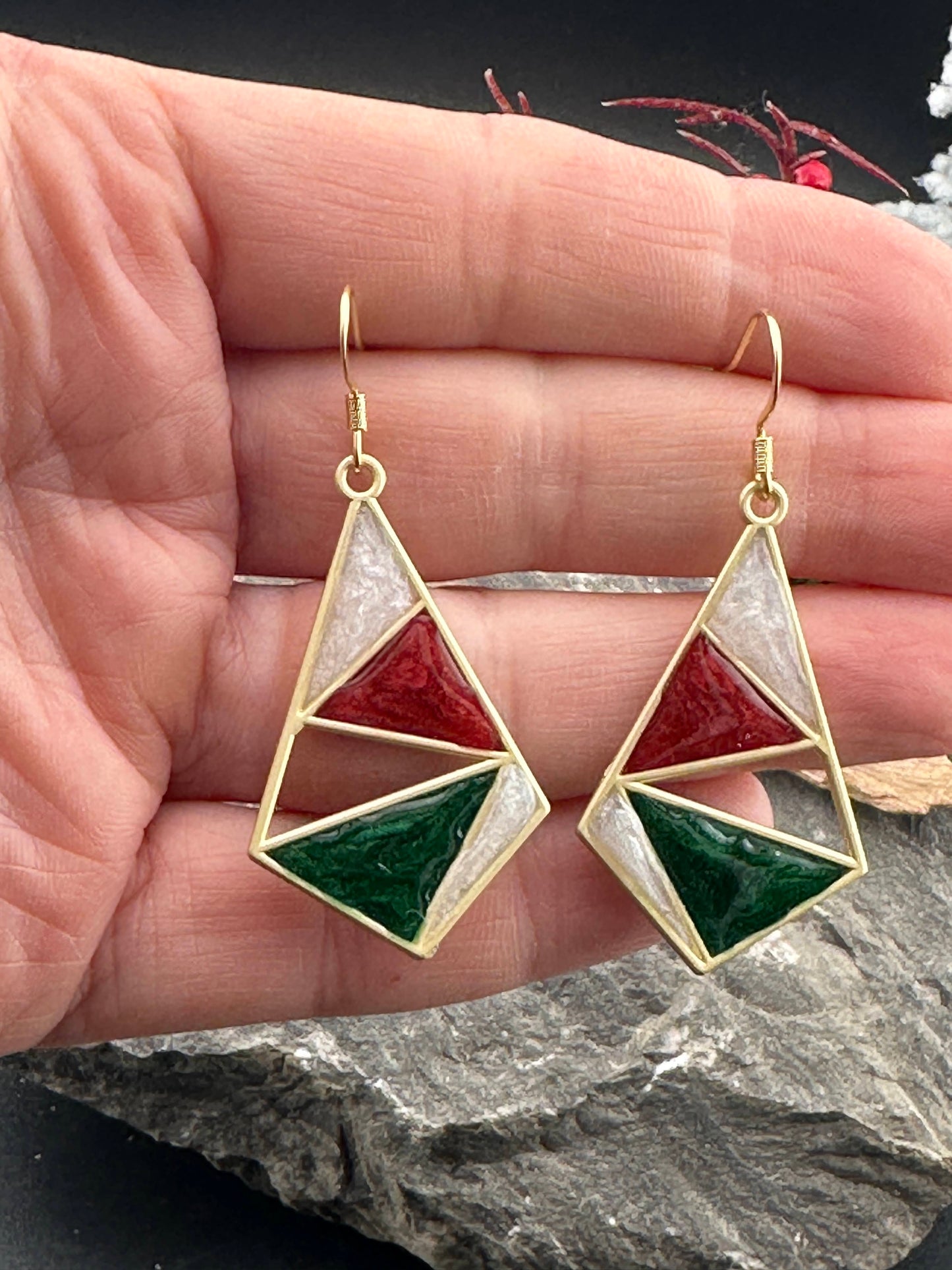 Green, Red & White Geometric Dangle Earrings