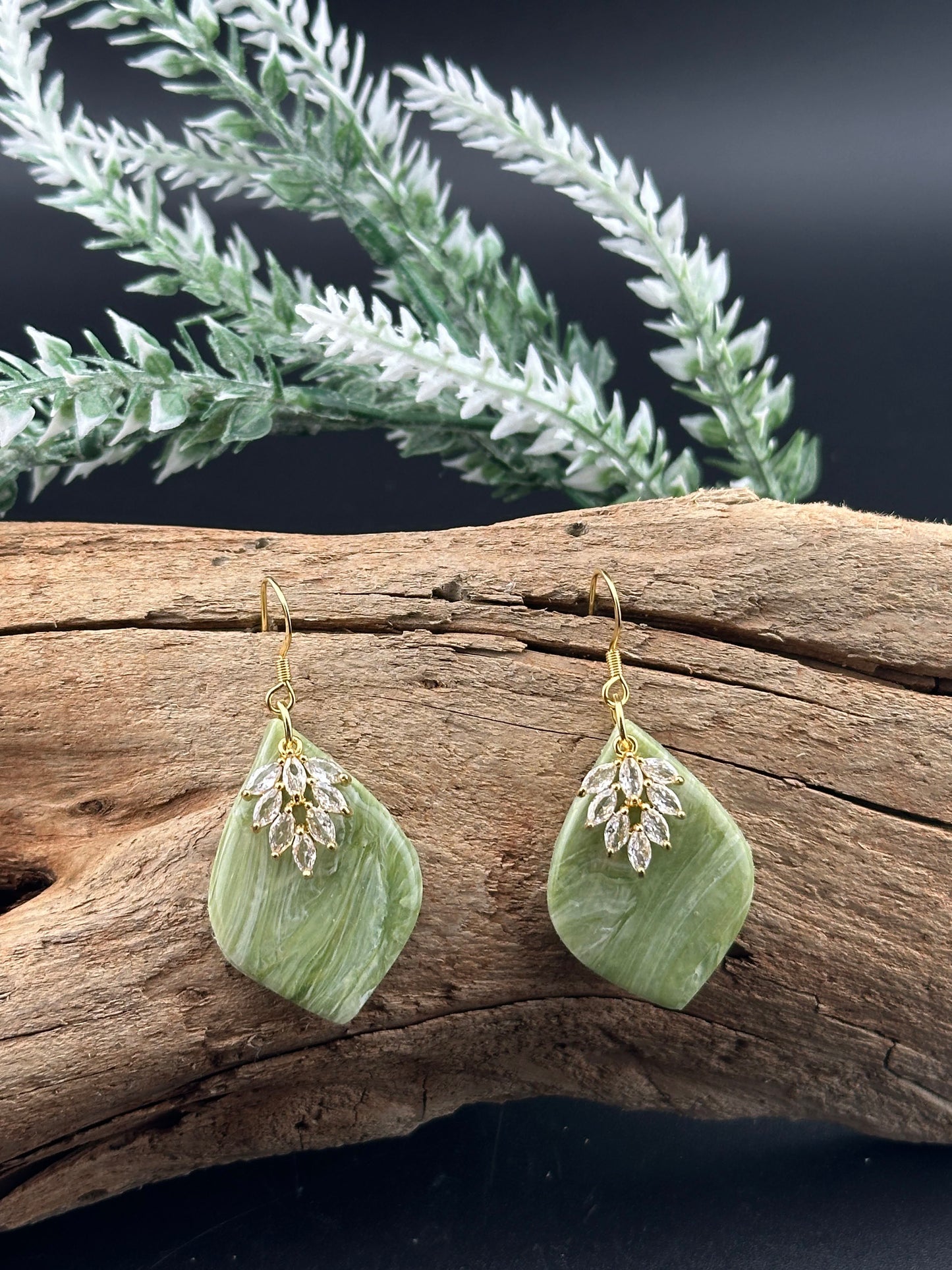 Sage Green Marble & Zirconia Glam Teardrop Earrings