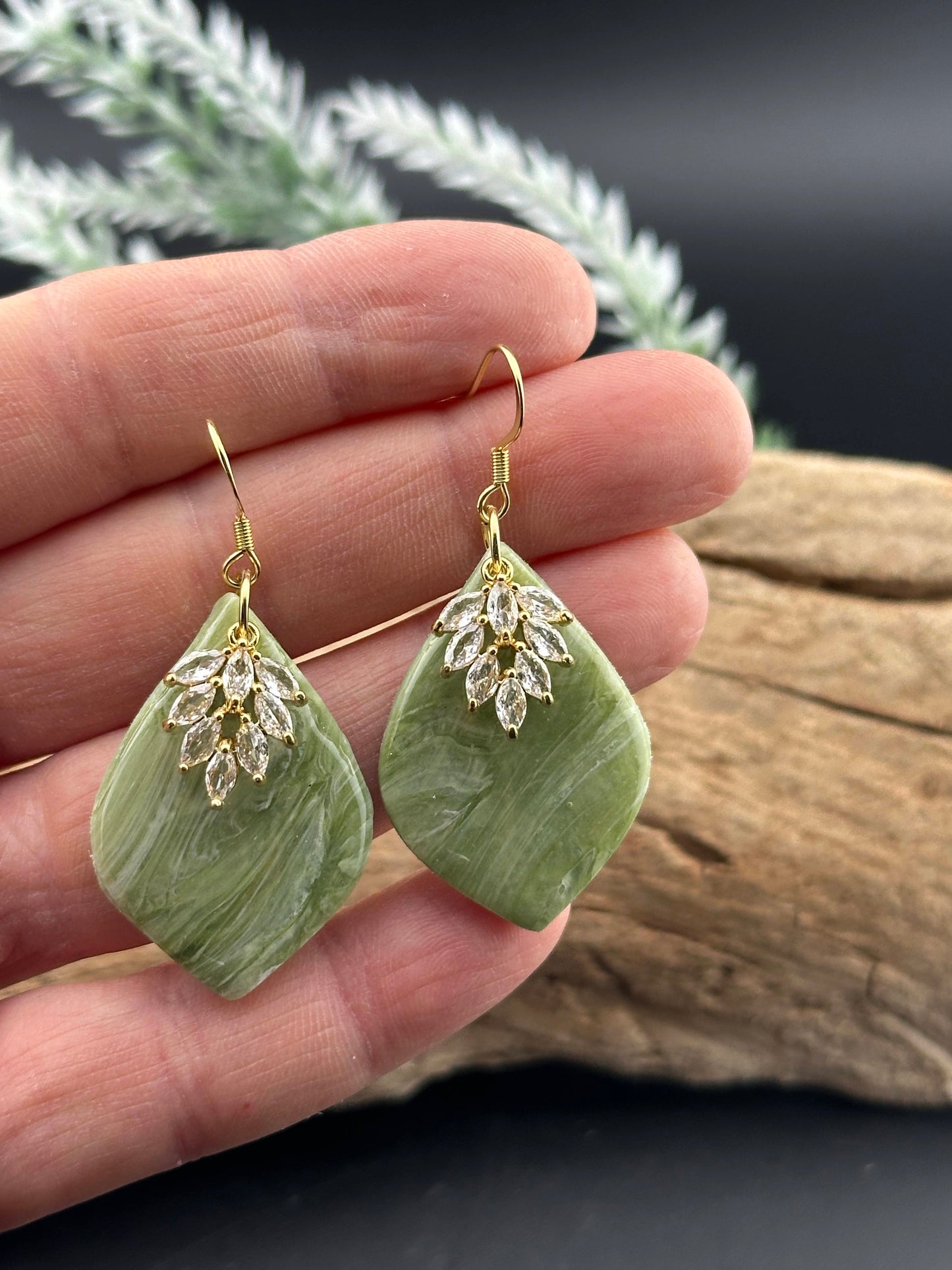 Sage Green Marble & Zirconia Glam Teardrop Earrings