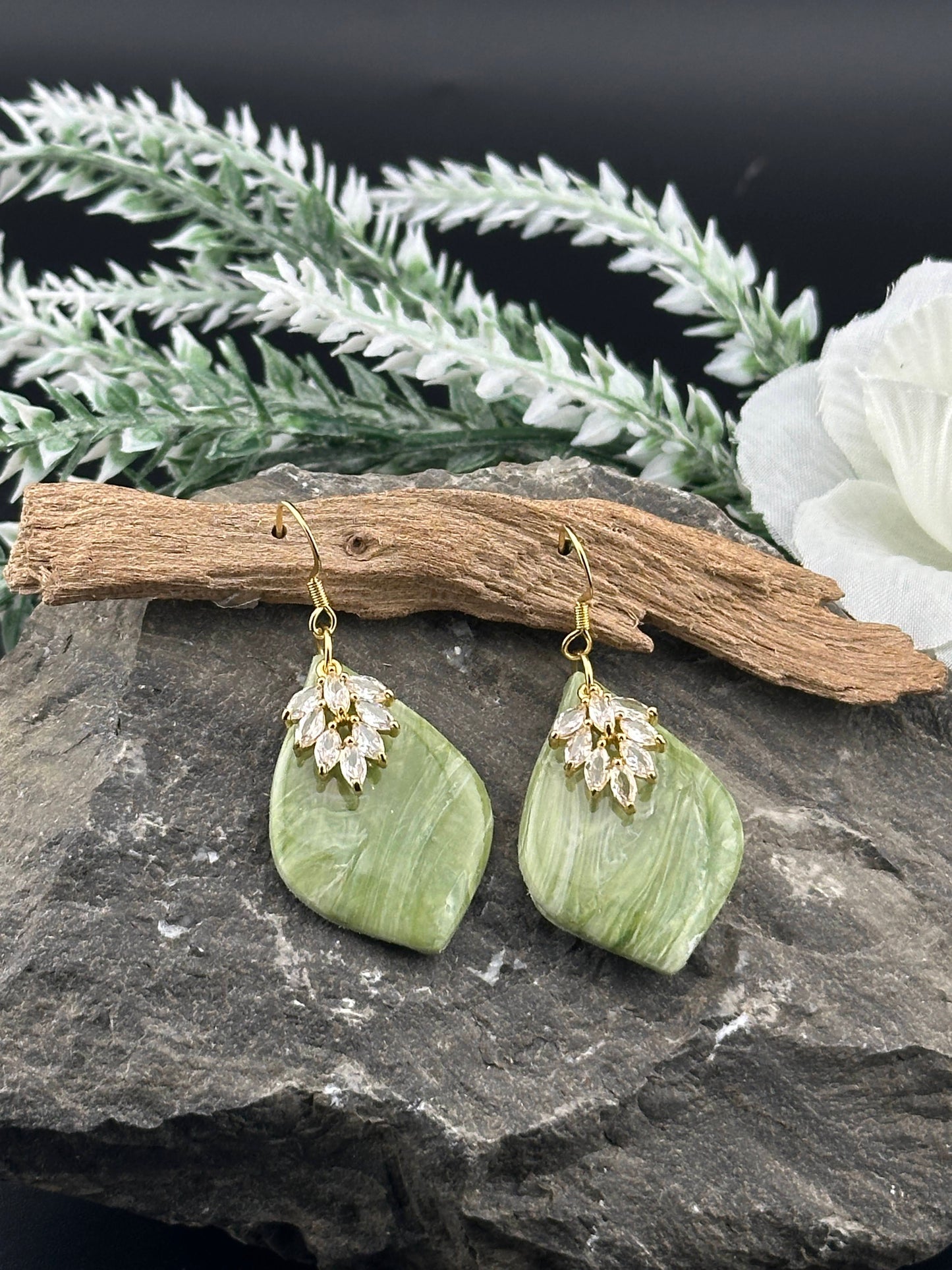 Sage Green Marble & Zirconia Glam Teardrop Earrings