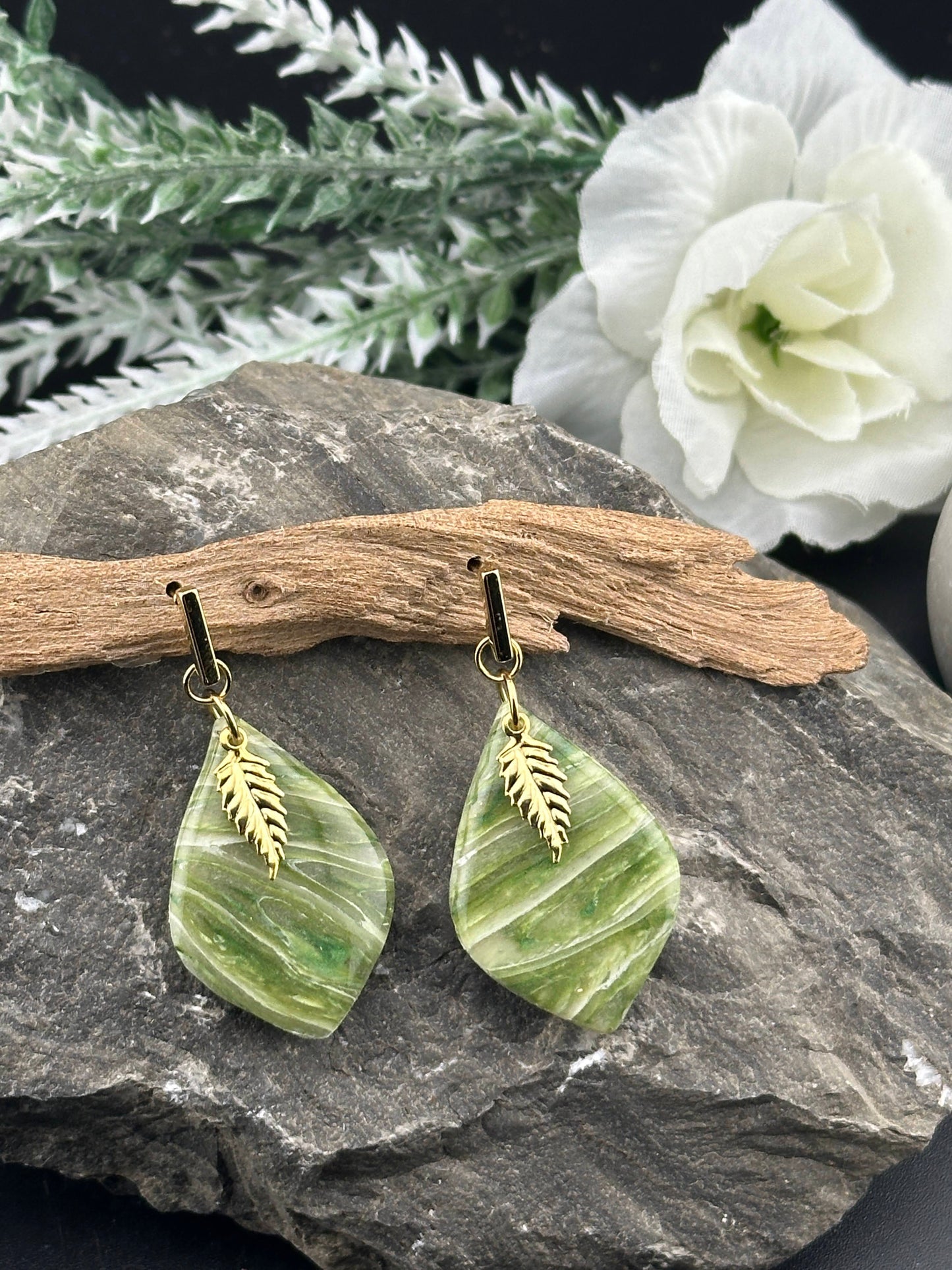 Sage Green Marble & Delicate Gold Leaf Teardrop Earrings