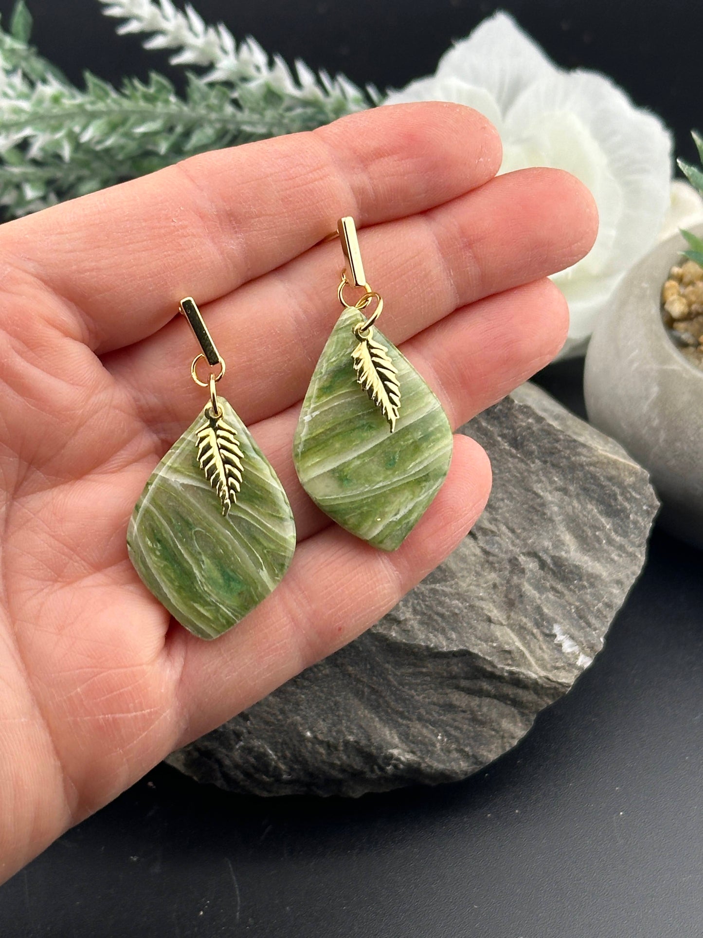 Sage Green Marble & Delicate Gold Leaf Teardrop Earrings