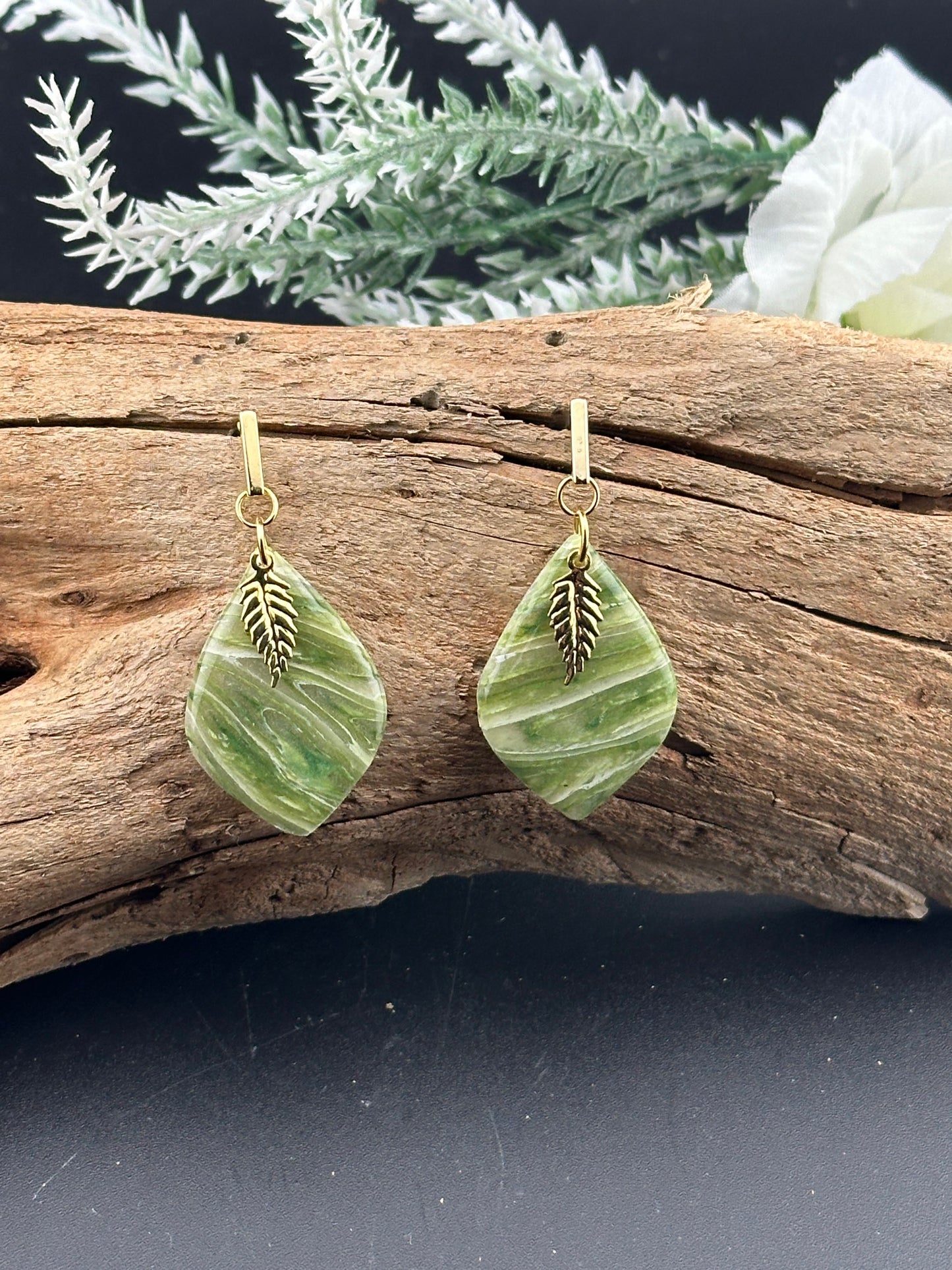 Sage Green Marble & Delicate Gold Leaf Teardrop Earrings