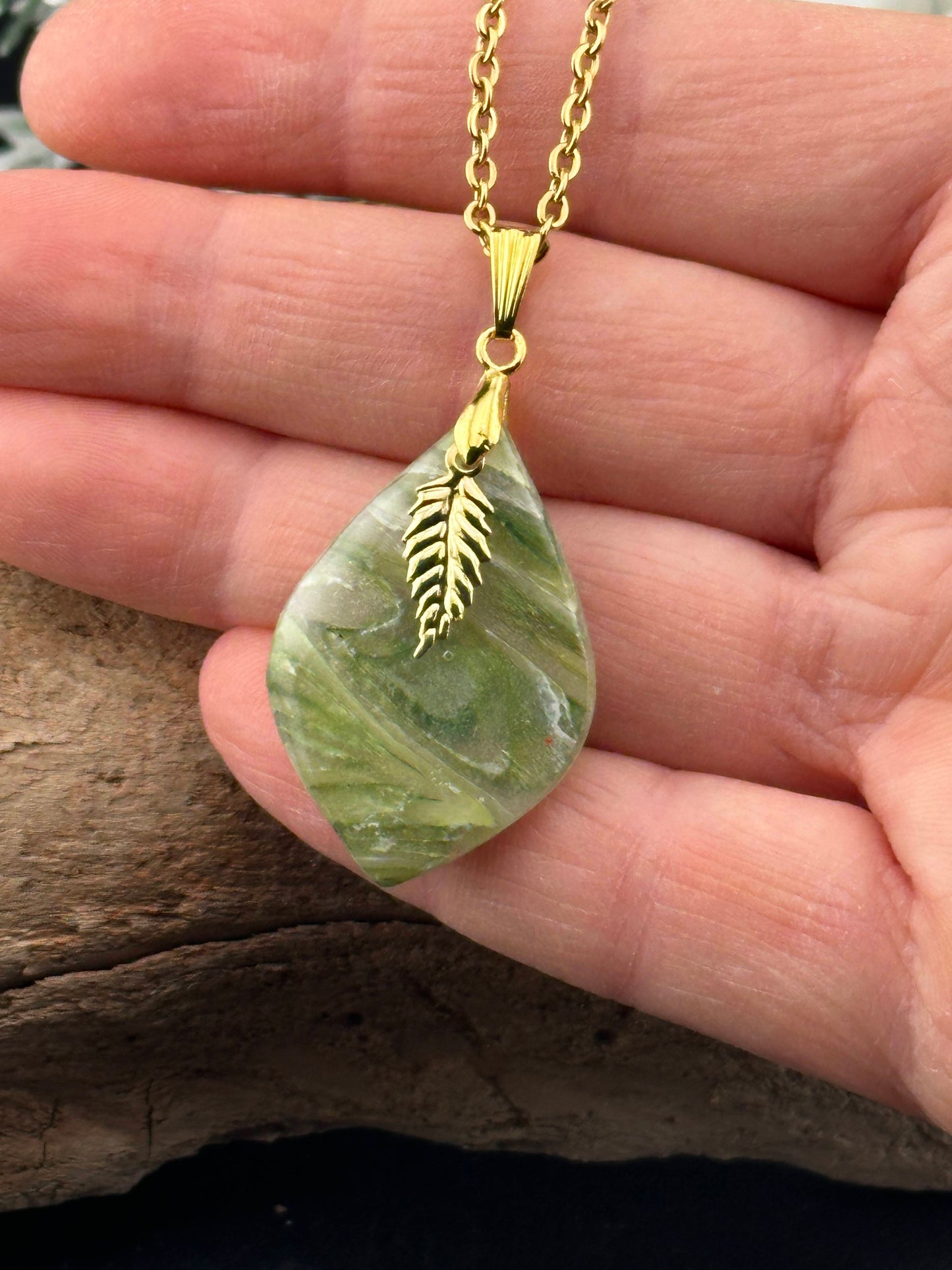 Sage Green Marble & Delicate Leaf Necklace