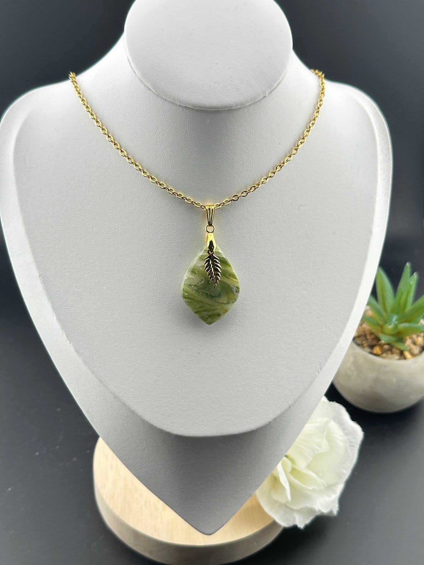 Sage Green Marble & Delicate Leaf Necklace