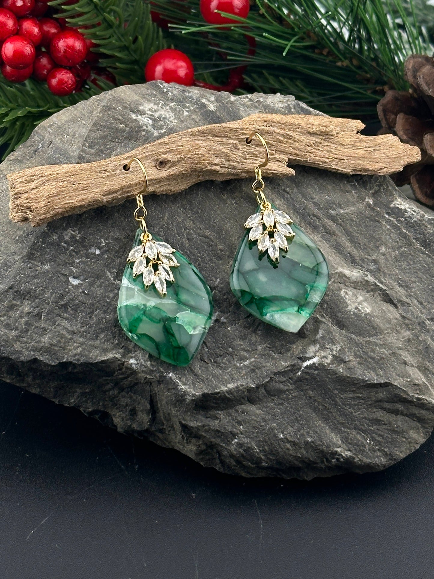 Emerald Green Winter Earrings with Glam