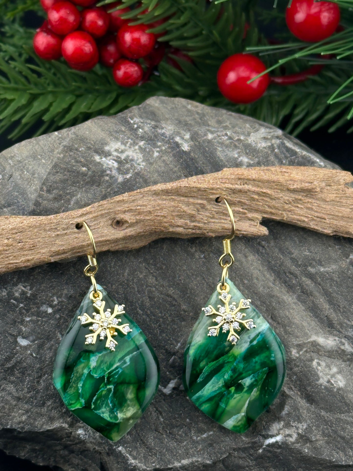 Emerald Green Marble Winter Wonderland Snowflake Earrings