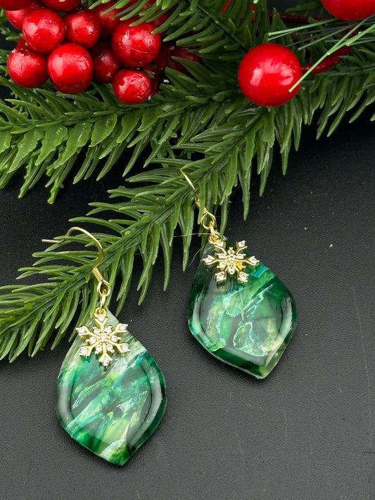 Emerald Green Marble Winter Wonderland Snowflake Earrings