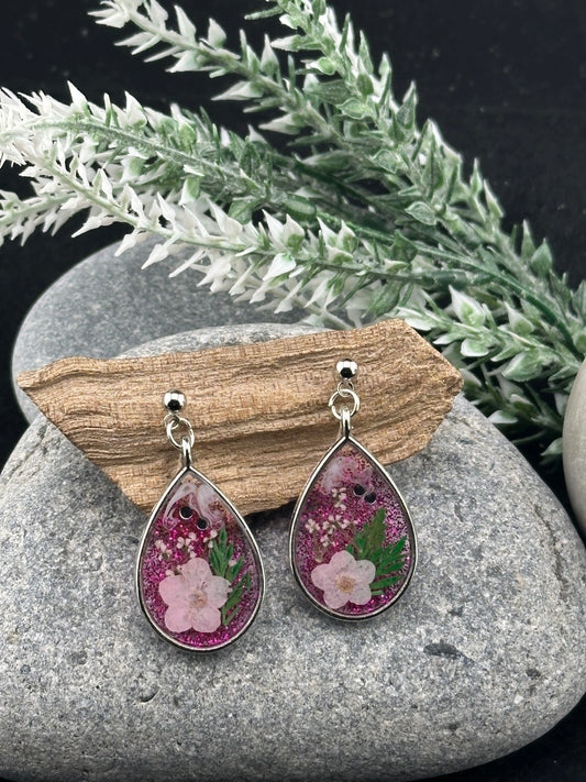 Dainty Real Pink Flower Teardrop Earrings