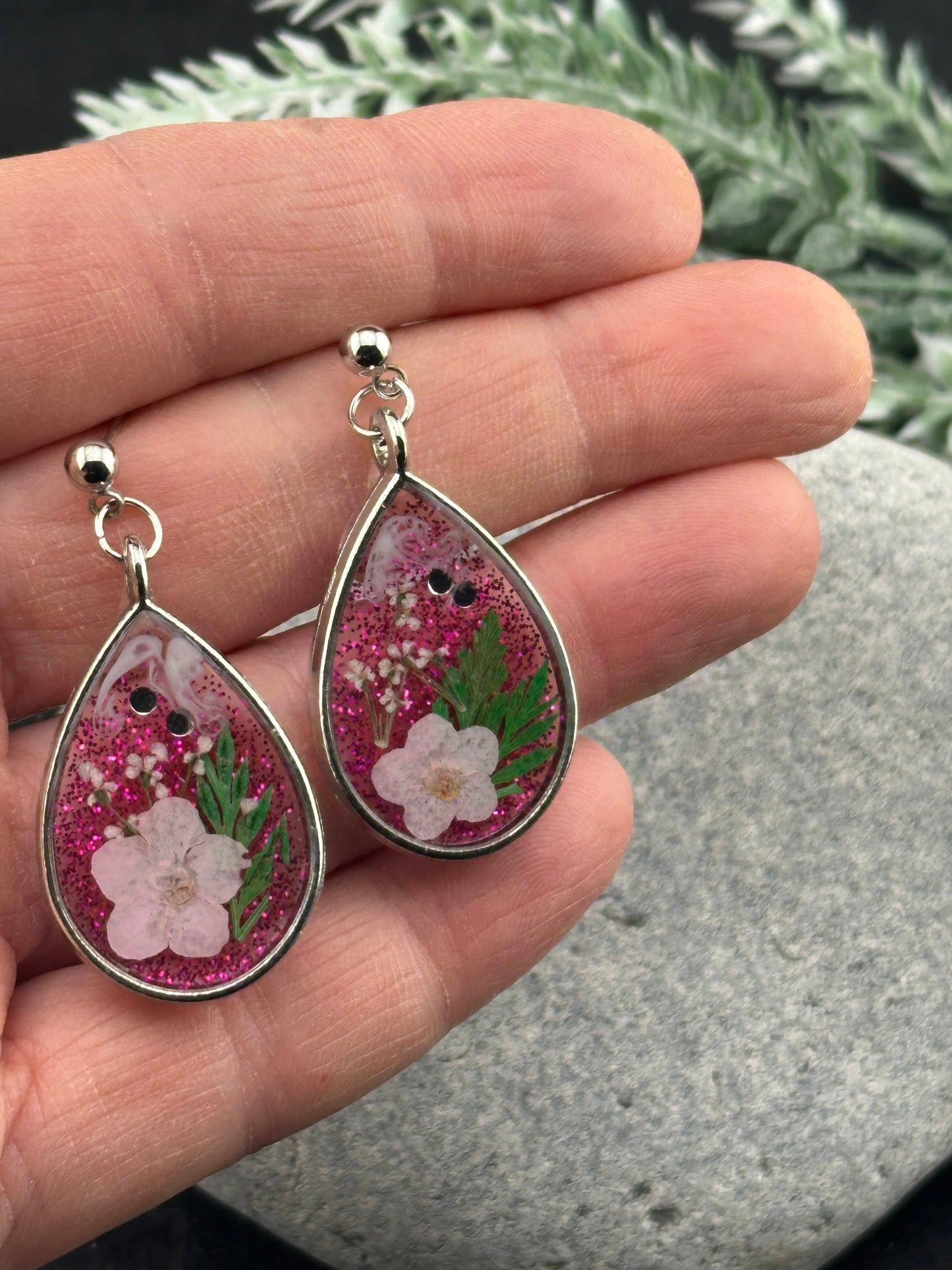 Dainty Real Pink Flower Teardrop Earrings