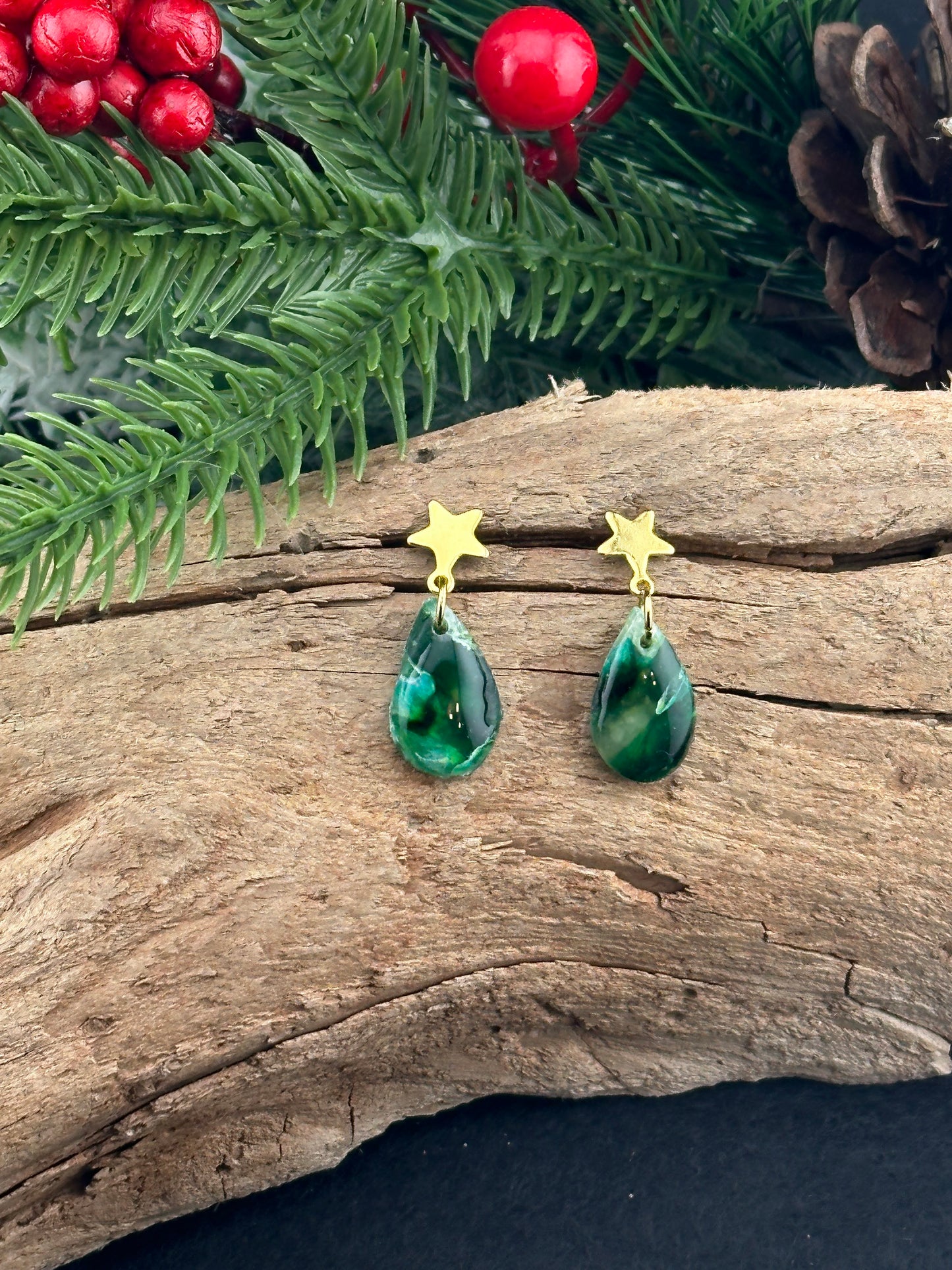 Emerald Green Gold Star Teardrop Tiny Earrings