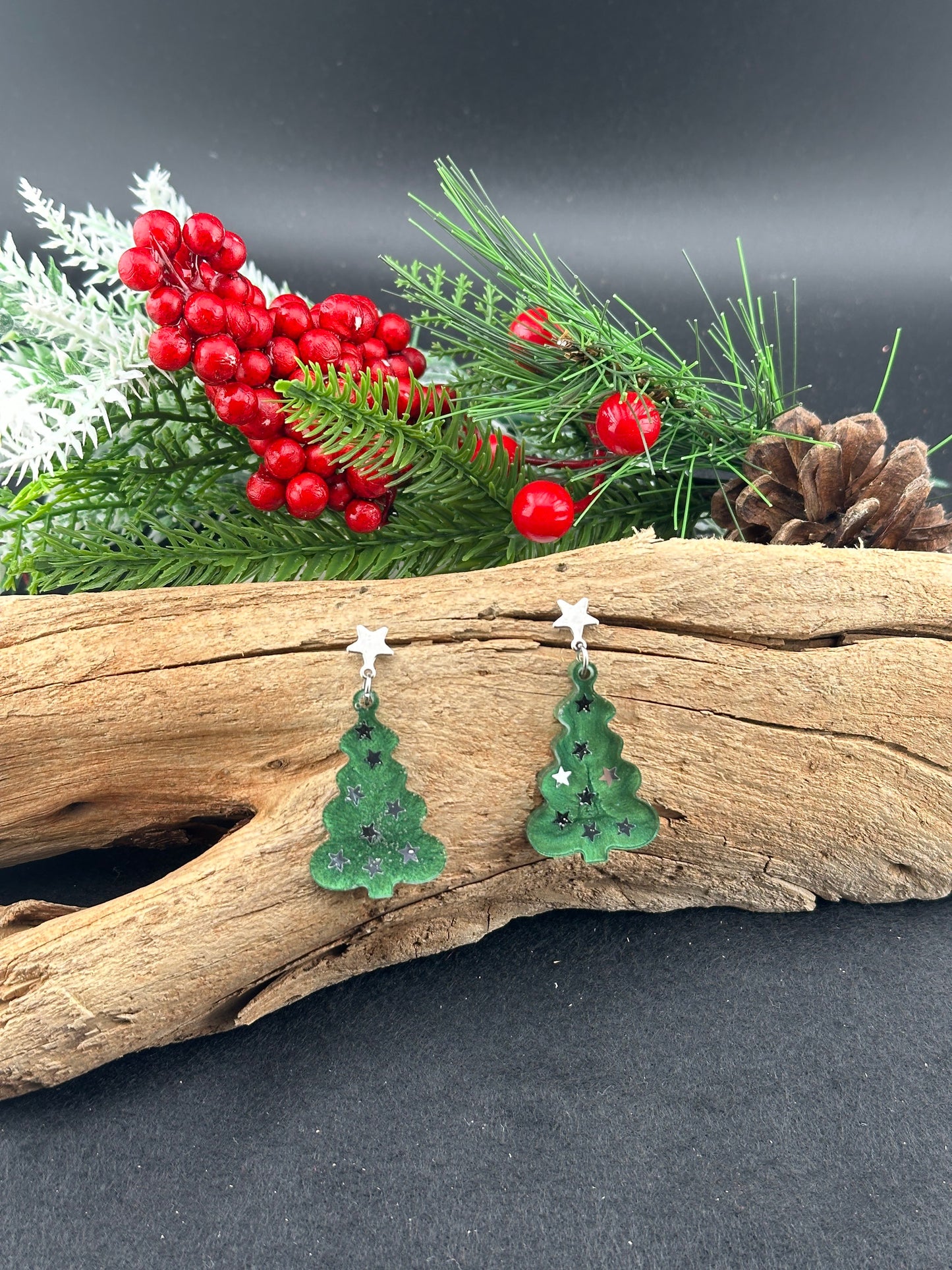 Evergreen Christmas Tree & Silver Star Earrings