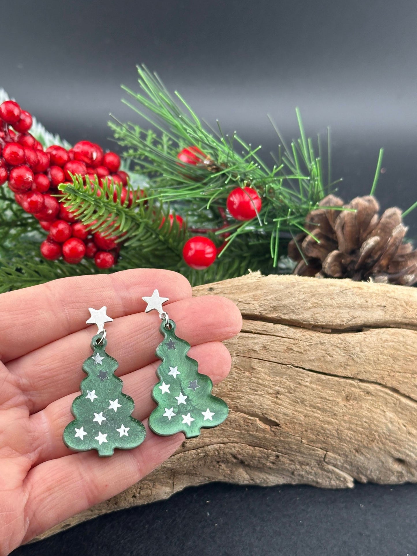 Evergreen Christmas Tree & Silver Star Earrings