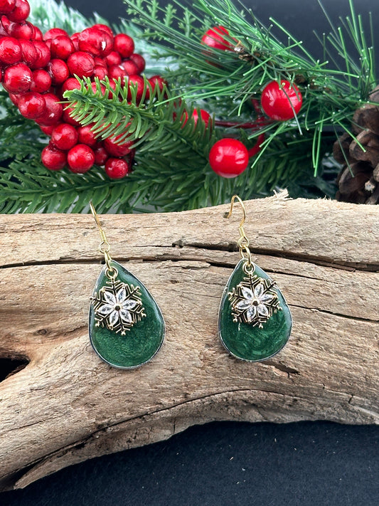 Festive Green Winter Snowflake Teardrop Earrings