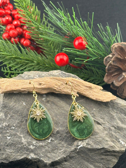 Festive Green Winter Snowflake Teardrop Earrings