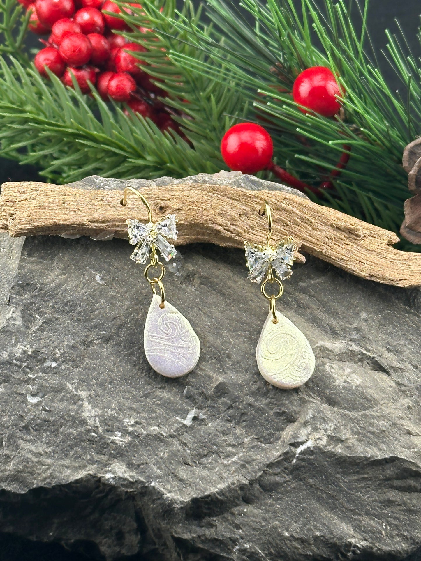 Pearl Swirl and Bow Tiny Drop Earrings