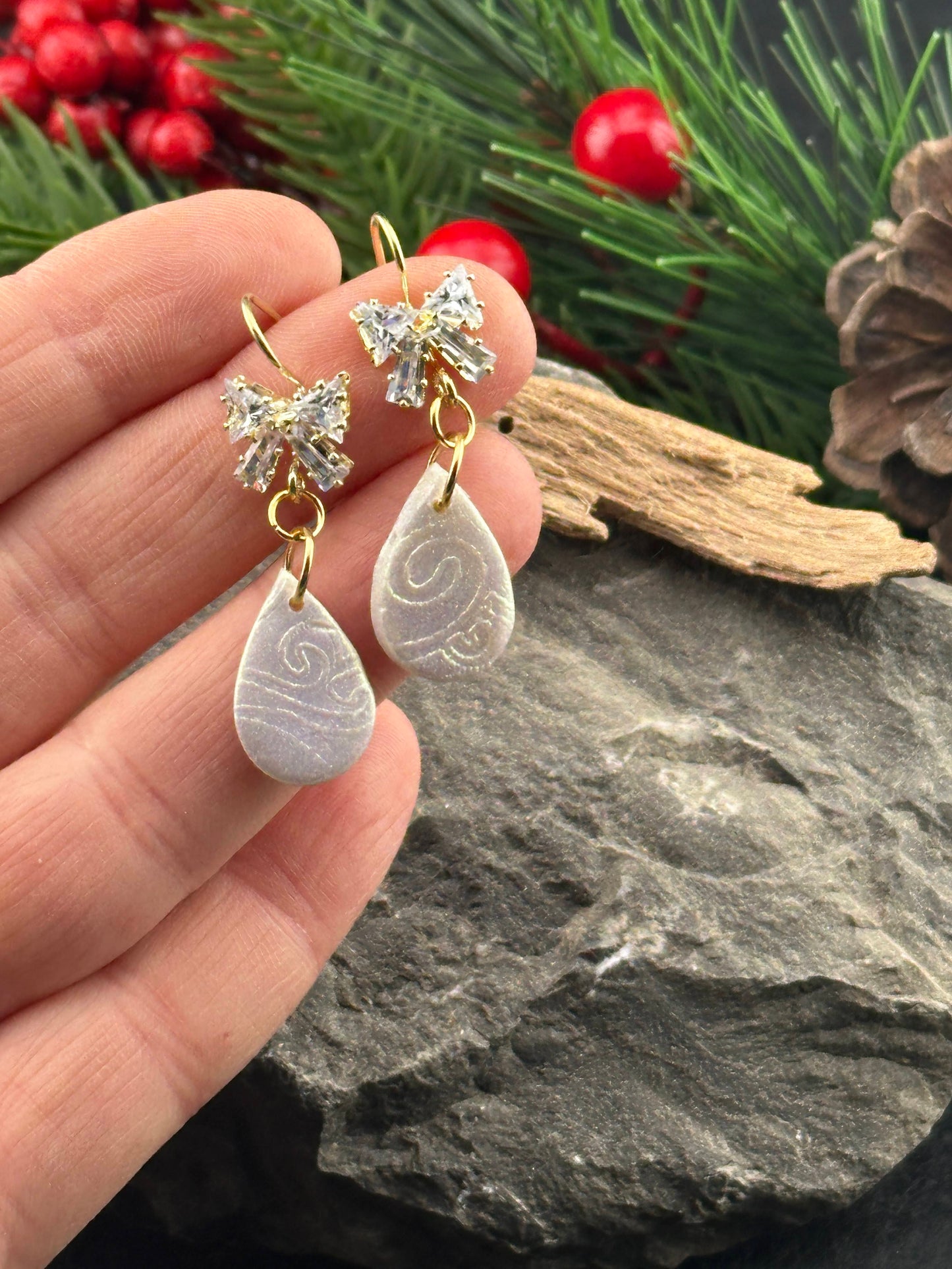 Pearl Swirl and Bow Tiny Drop Earrings